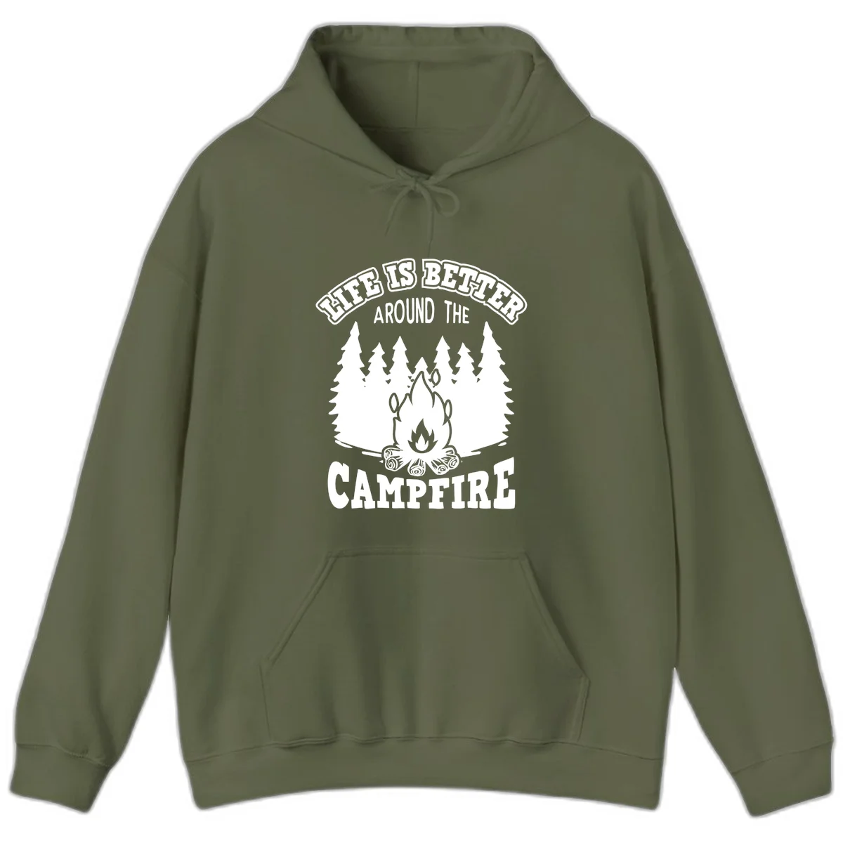 Campfire illustration surrounded by evergreen trees with text reading 'Life Is Better Around The Campfire' for camping enthusiasts in Military Green
