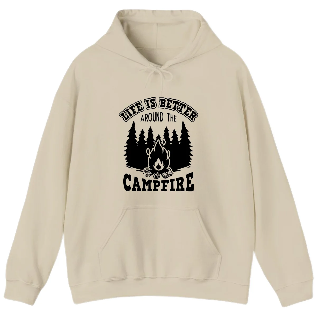 Campfire illustration surrounded by evergreen trees with text reading 'Life Is Better Around The Campfire' for camping enthusiasts in Sand
