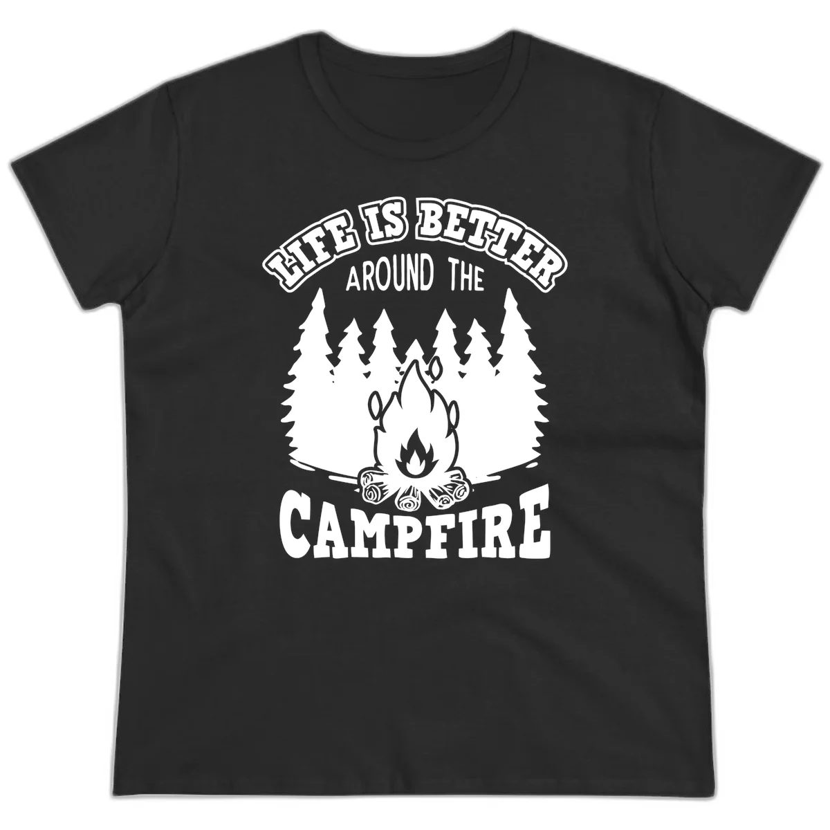 Campfire illustration surrounded by evergreen trees with text reading 'Life Is Better Around The Campfire' for camping enthusiasts in Black