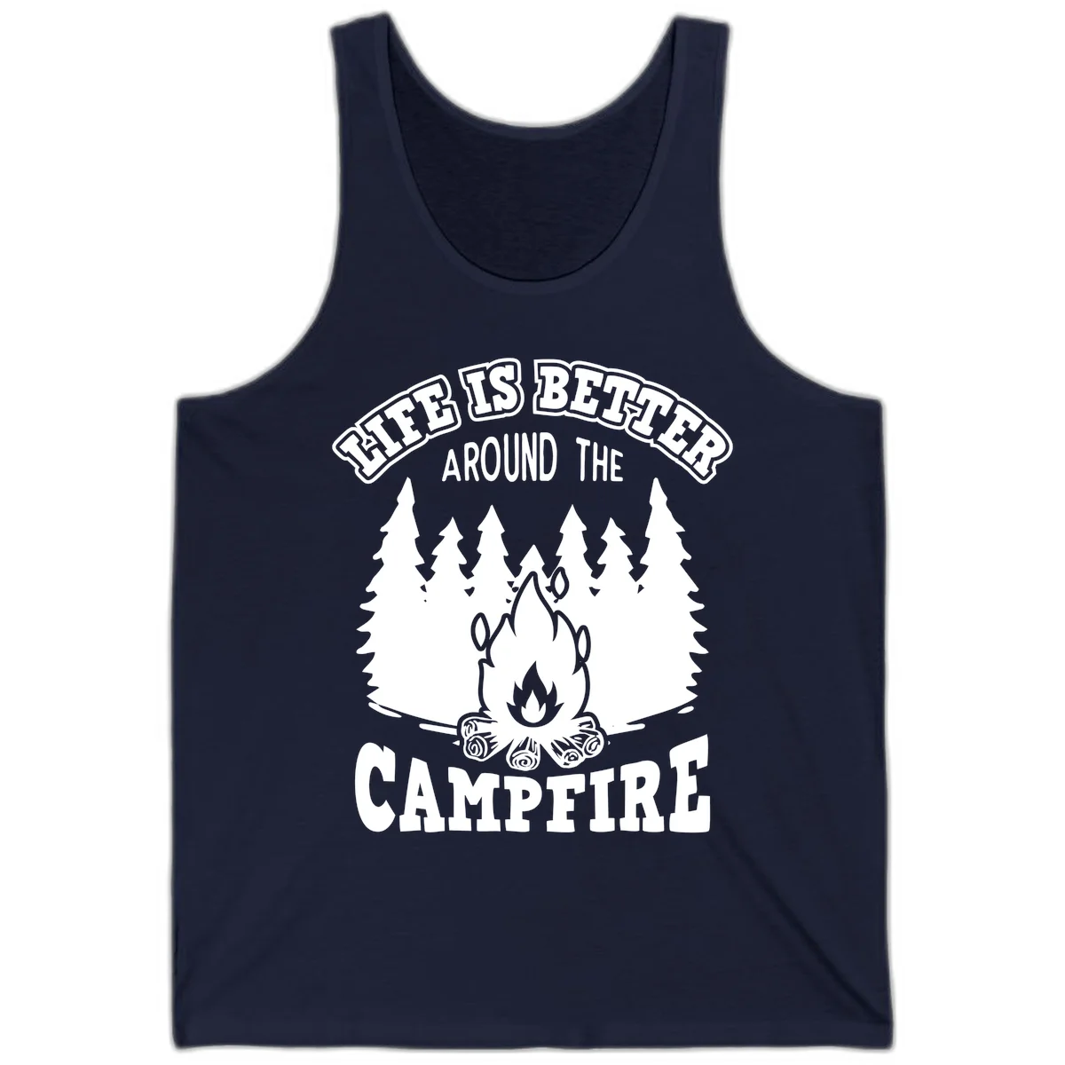 Campfire illustration surrounded by evergreen trees with text reading 'Life Is Better Around The Campfire' for camping enthusiasts in Navy