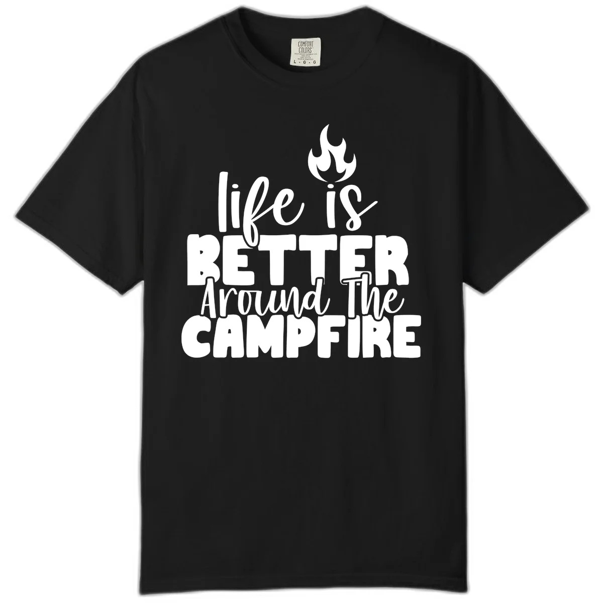 White illustrated campfire with flames above text reading 'life is better around the campfire' in flowing script lettering on gray background in Black
