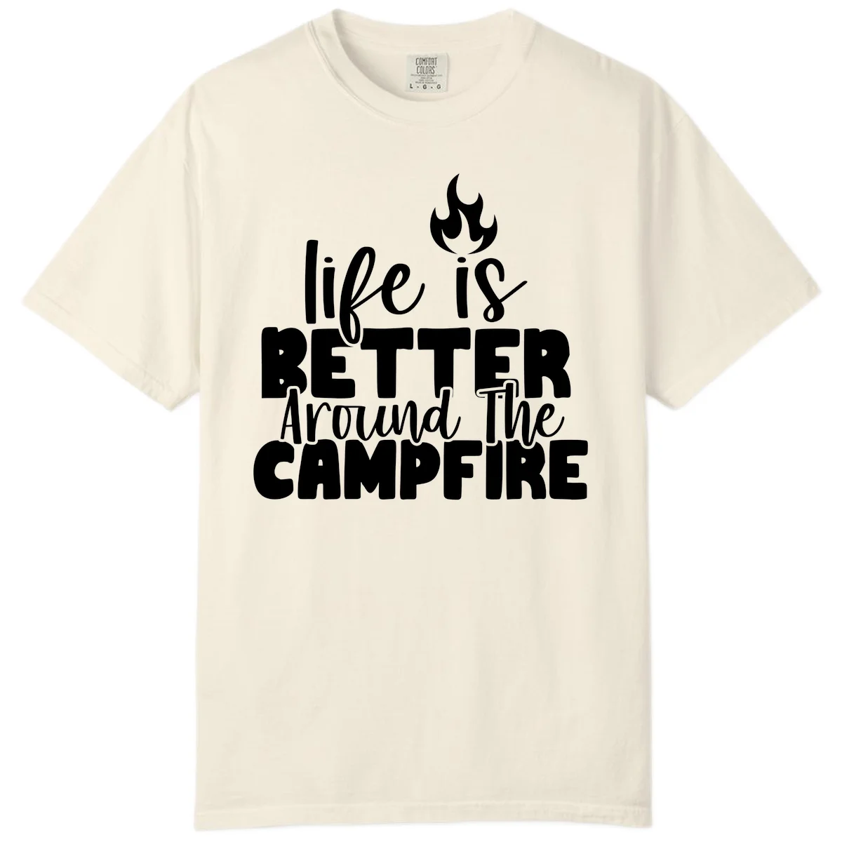 White illustrated campfire with flames above text reading 'life is better around the campfire' in flowing script lettering on gray background in Ivory