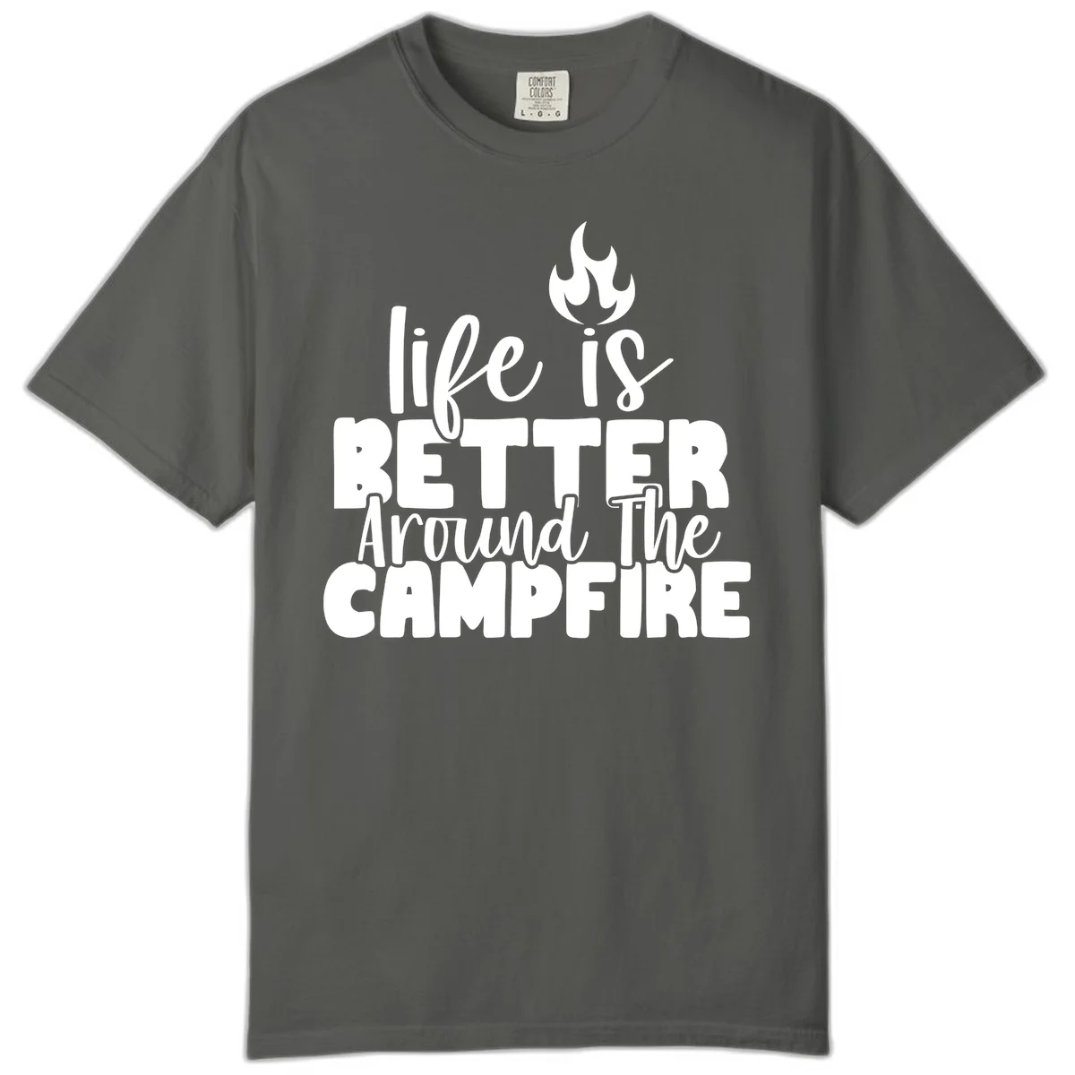 White illustrated campfire with flames above text reading 'life is better around the campfire' in flowing script lettering on gray background in Pepper