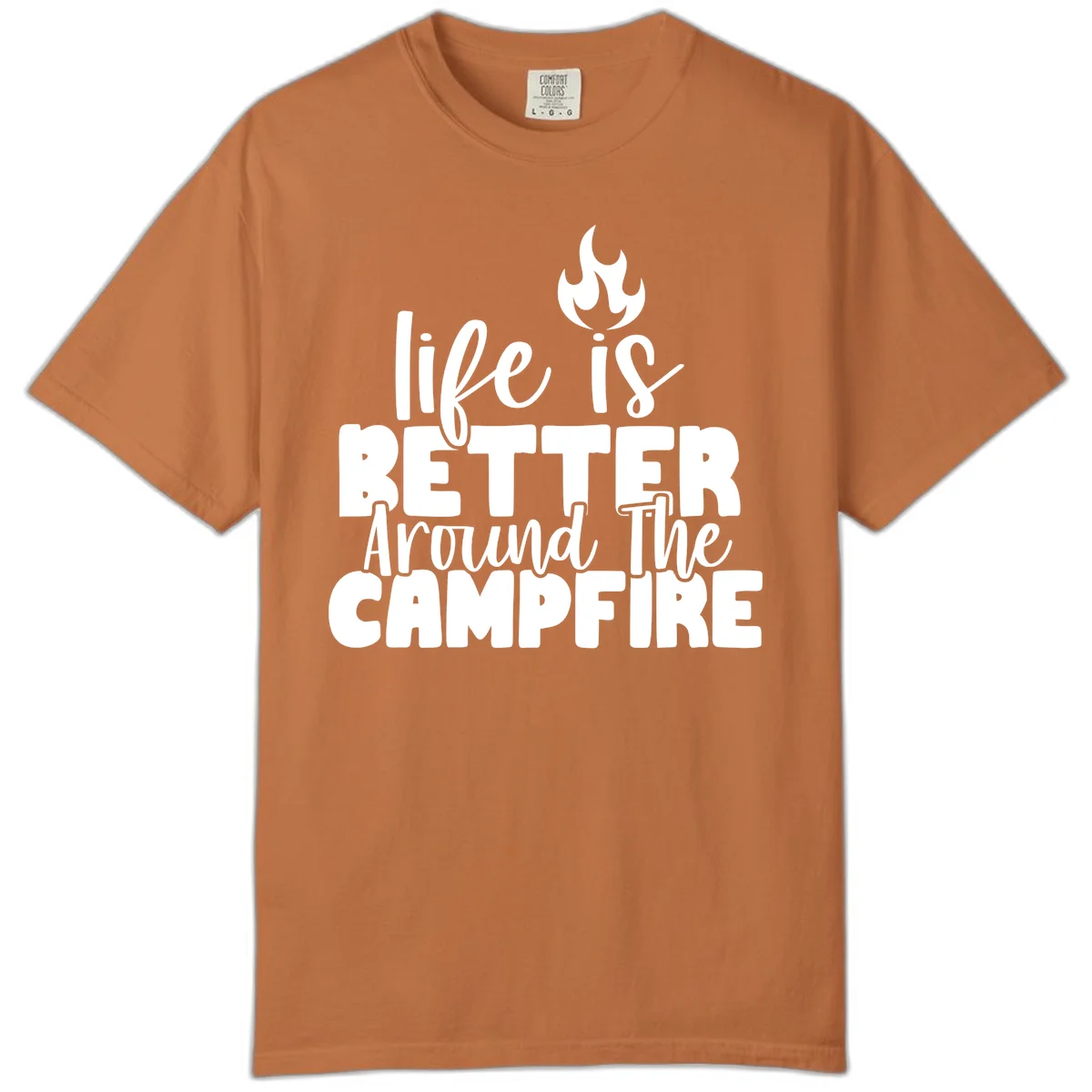 White illustrated campfire with flames above text reading 'life is better around the campfire' in flowing script lettering on gray background in Yam