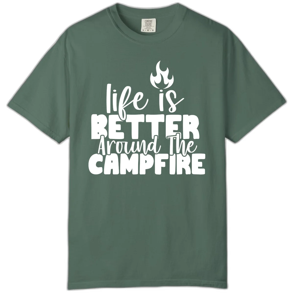 White illustrated campfire with flames above text reading 'life is better around the campfire' in flowing script lettering on gray background in Blue Spruce
