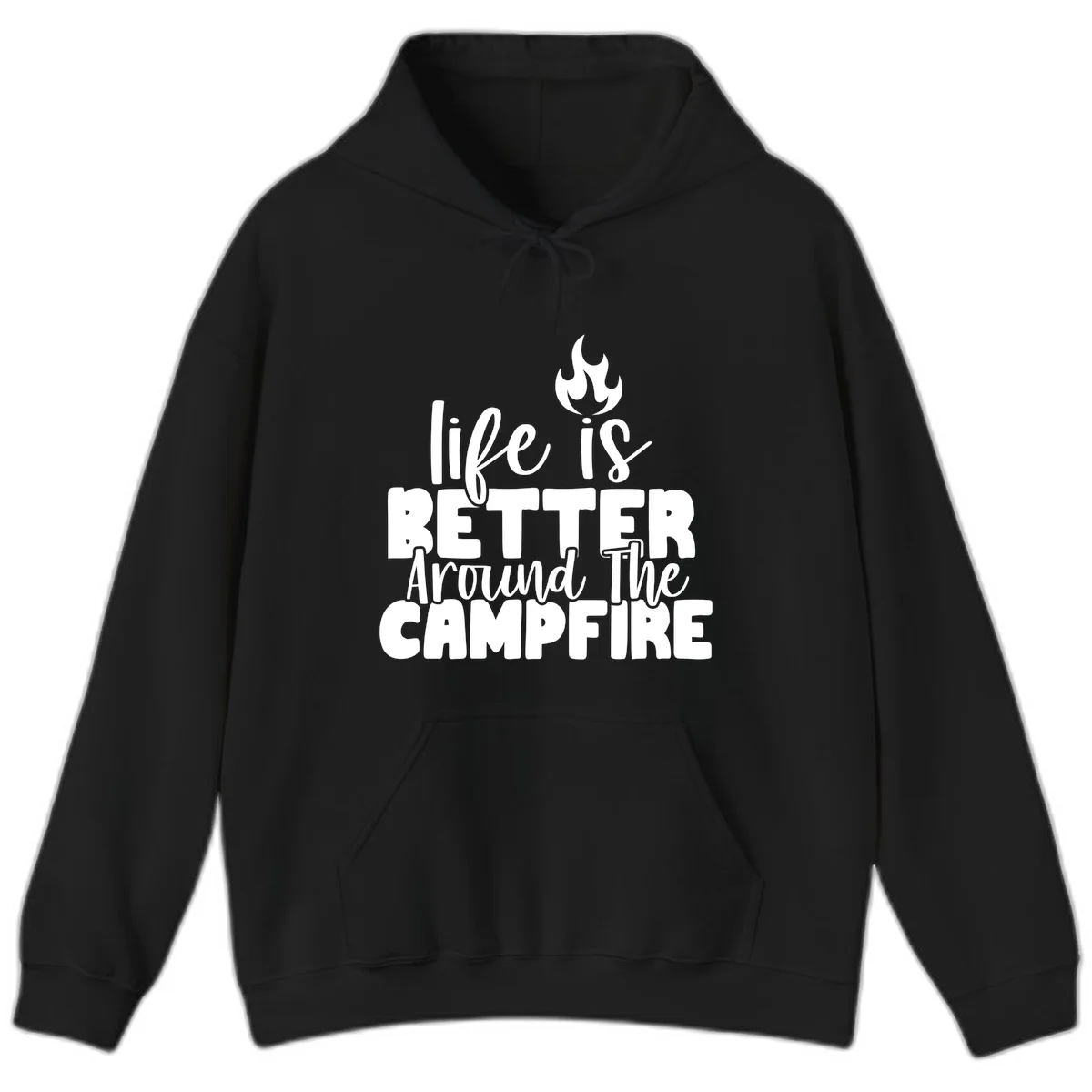 White illustrated campfire with flames above text reading 'life is better around the campfire' in flowing script lettering on gray background in Black