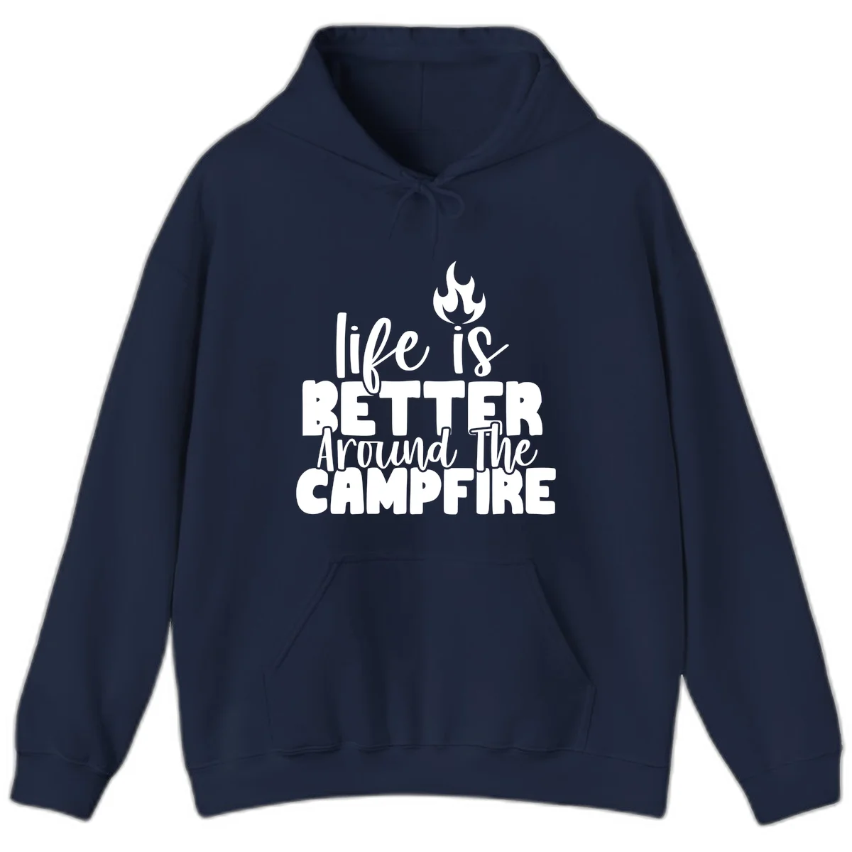 White illustrated campfire with flames above text reading 'life is better around the campfire' in flowing script lettering on gray background in Navy
