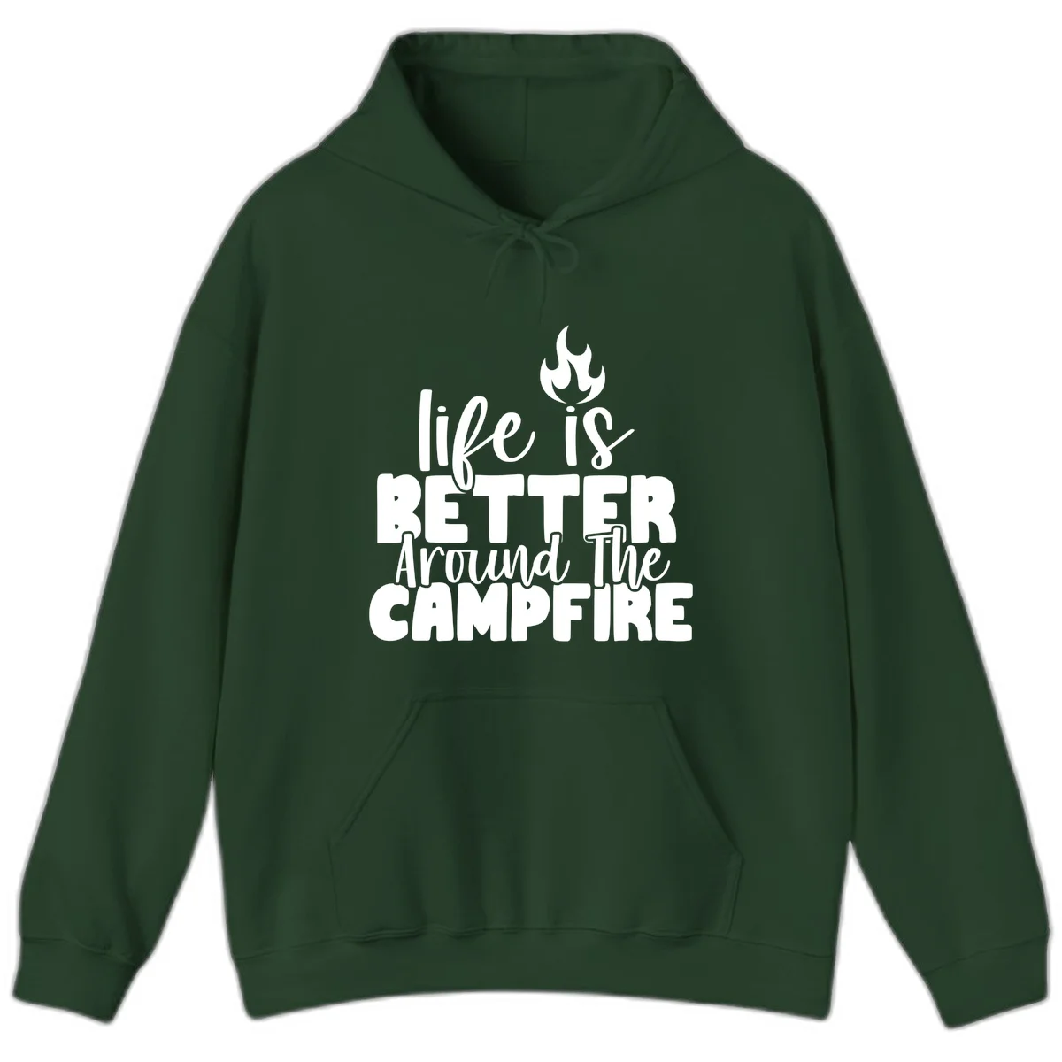 White illustrated campfire with flames above text reading 'life is better around the campfire' in flowing script lettering on gray background in Forest Green