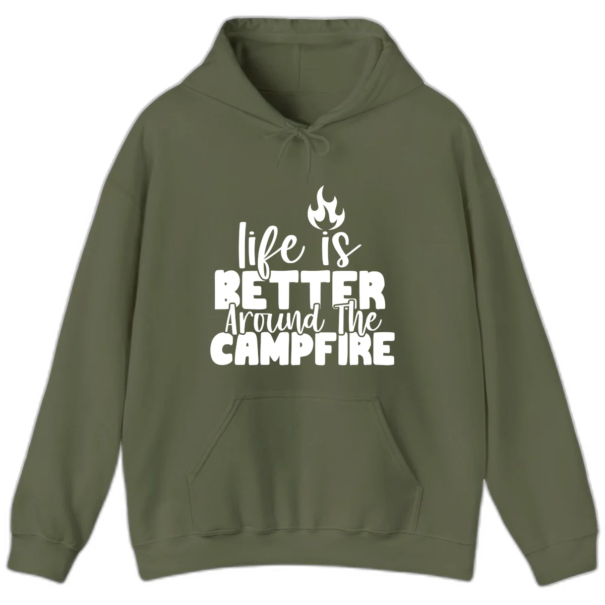 White illustrated campfire with flames above text reading 'life is better around the campfire' in flowing script lettering on gray background in Military Green