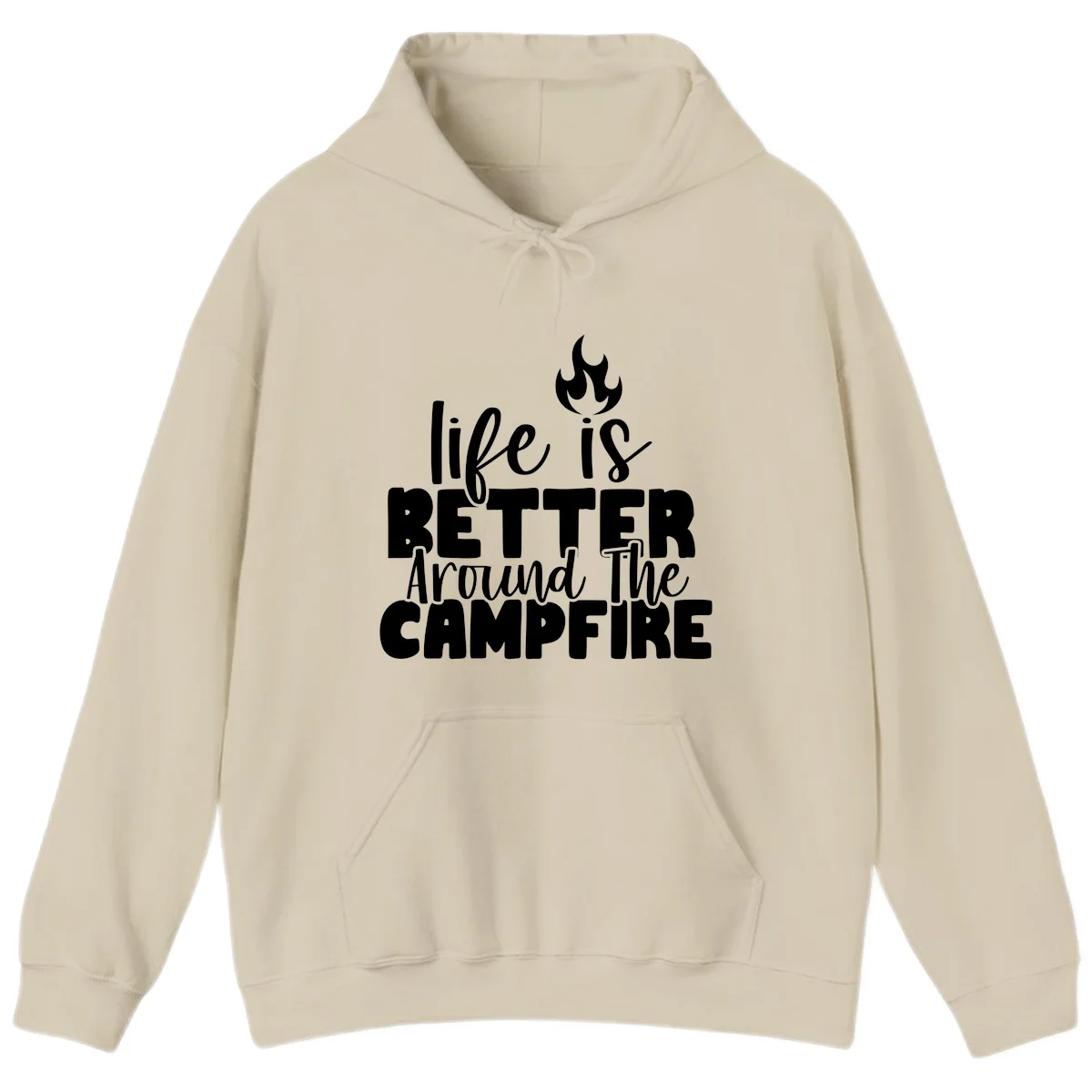 White illustrated campfire with flames above text reading 'life is better around the campfire' in flowing script lettering on gray background in Sand