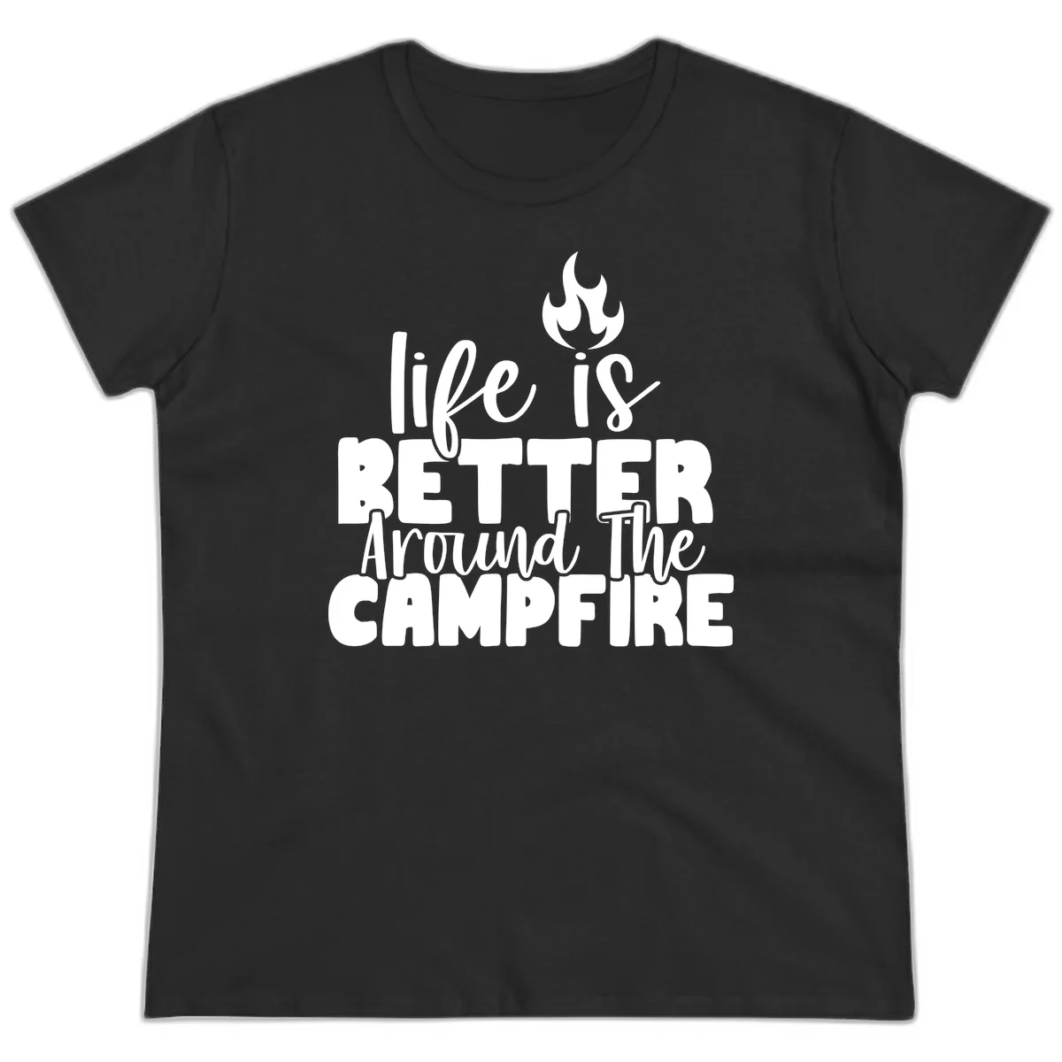 White illustrated campfire with flames above text reading 'life is better around the campfire' in flowing script lettering on gray background in Black