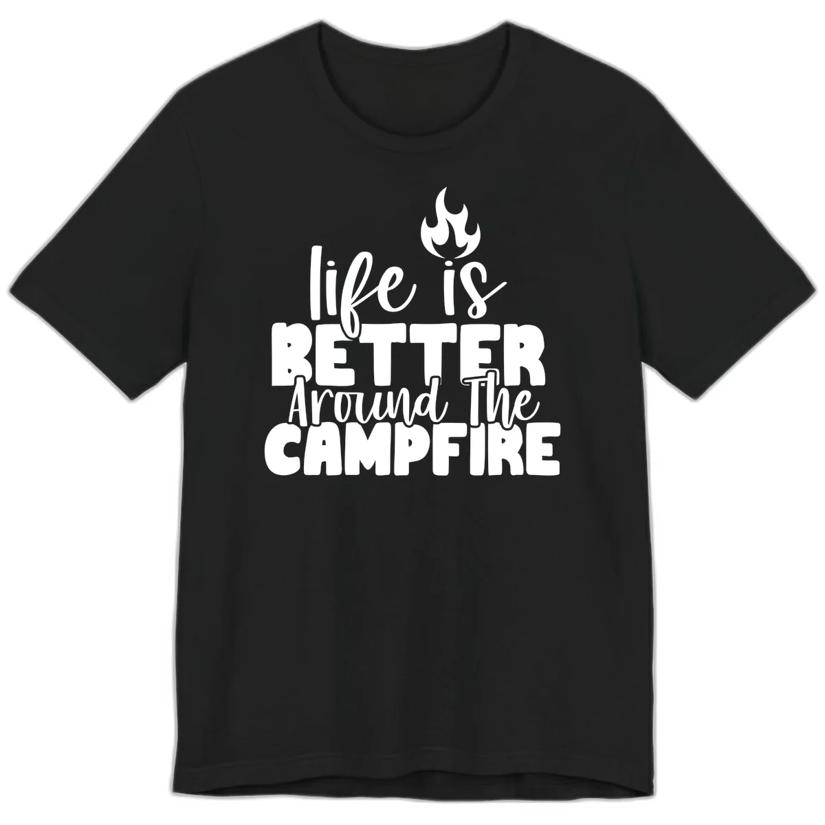 White illustrated campfire with flames above text reading 'life is better around the campfire' in flowing script lettering on gray background in Black