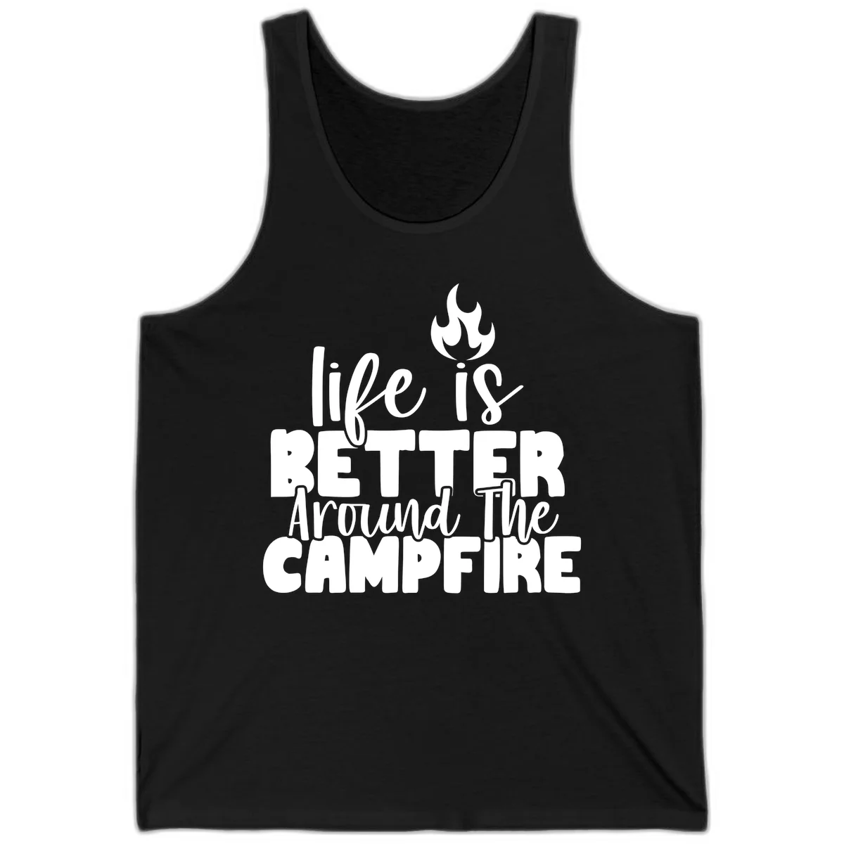 White illustrated campfire with flames above text reading 'life is better around the campfire' in flowing script lettering on gray background in Black