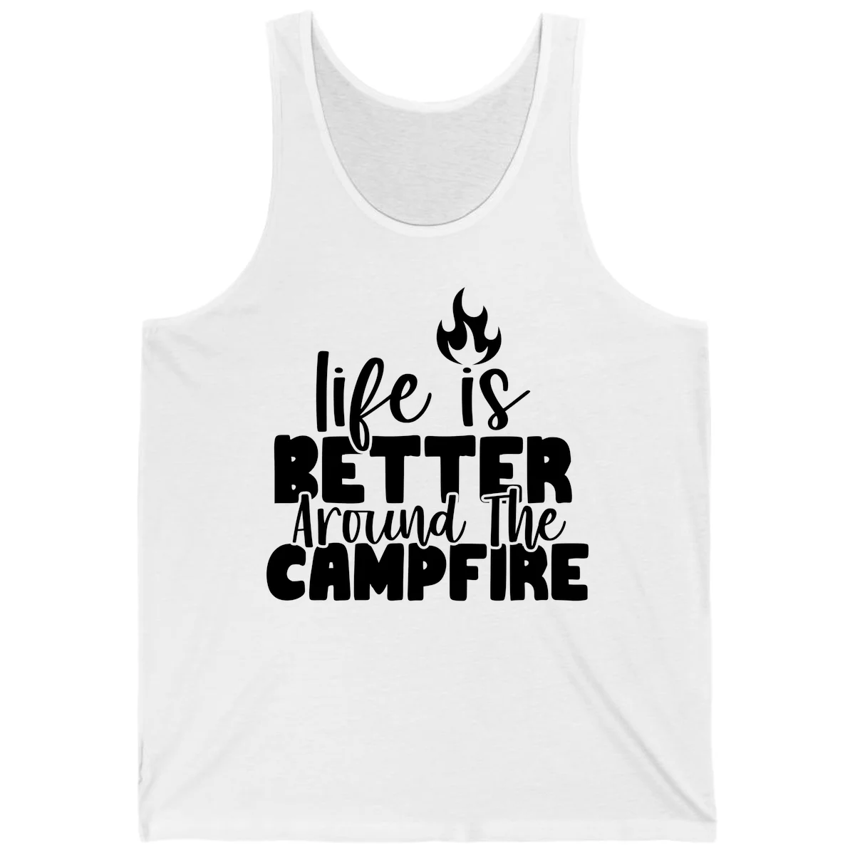 White illustrated campfire with flames above text reading 'life is better around the campfire' in flowing script lettering on gray background in White