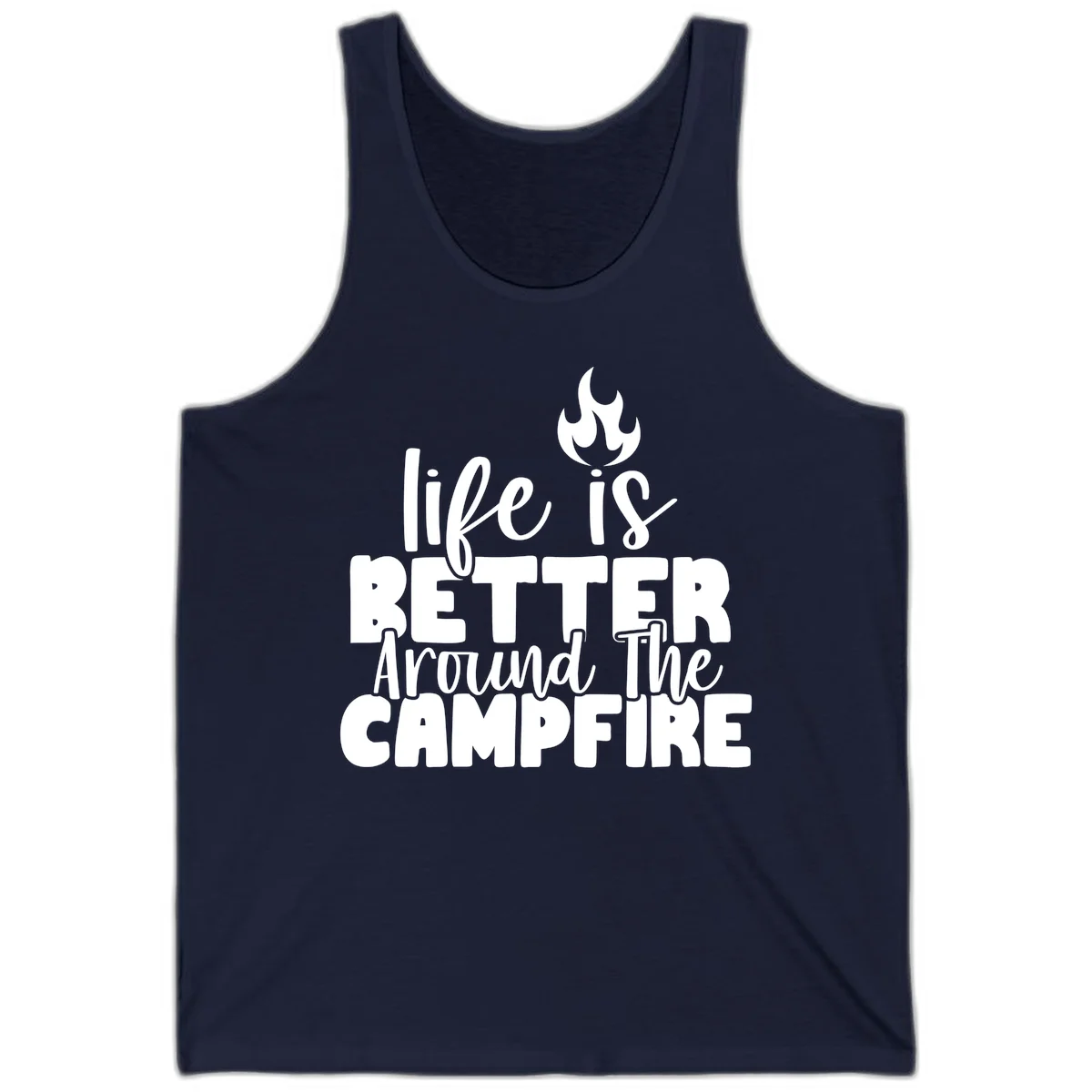 White illustrated campfire with flames above text reading 'life is better around the campfire' in flowing script lettering on gray background in Navy