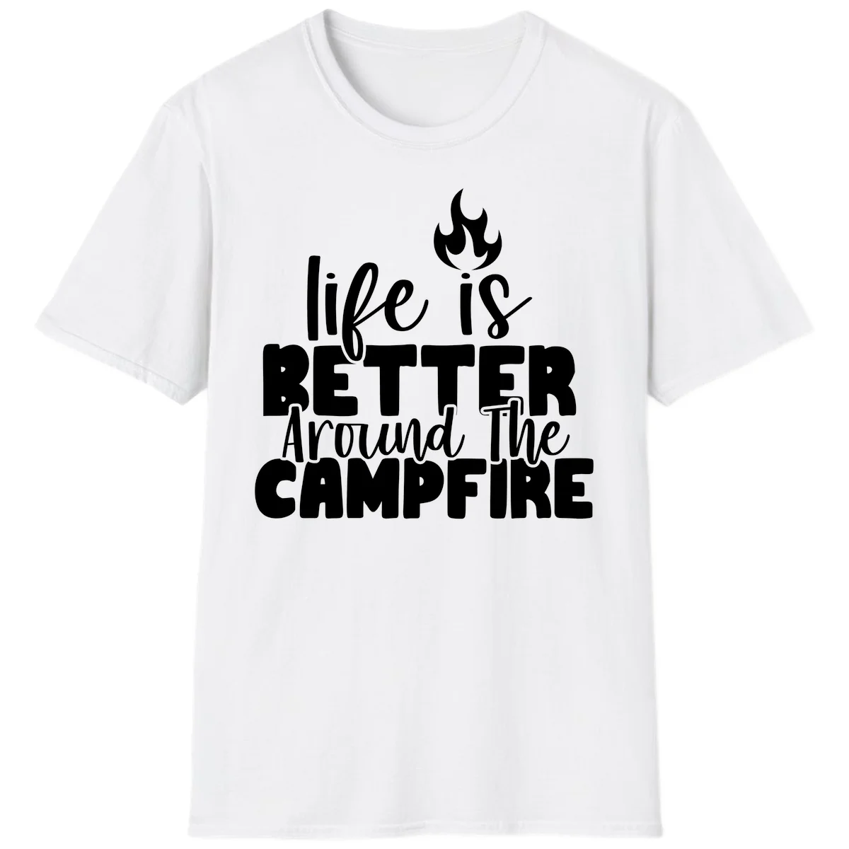 White illustrated campfire with flames above text reading 'life is better around the campfire' in flowing script lettering on gray background in White