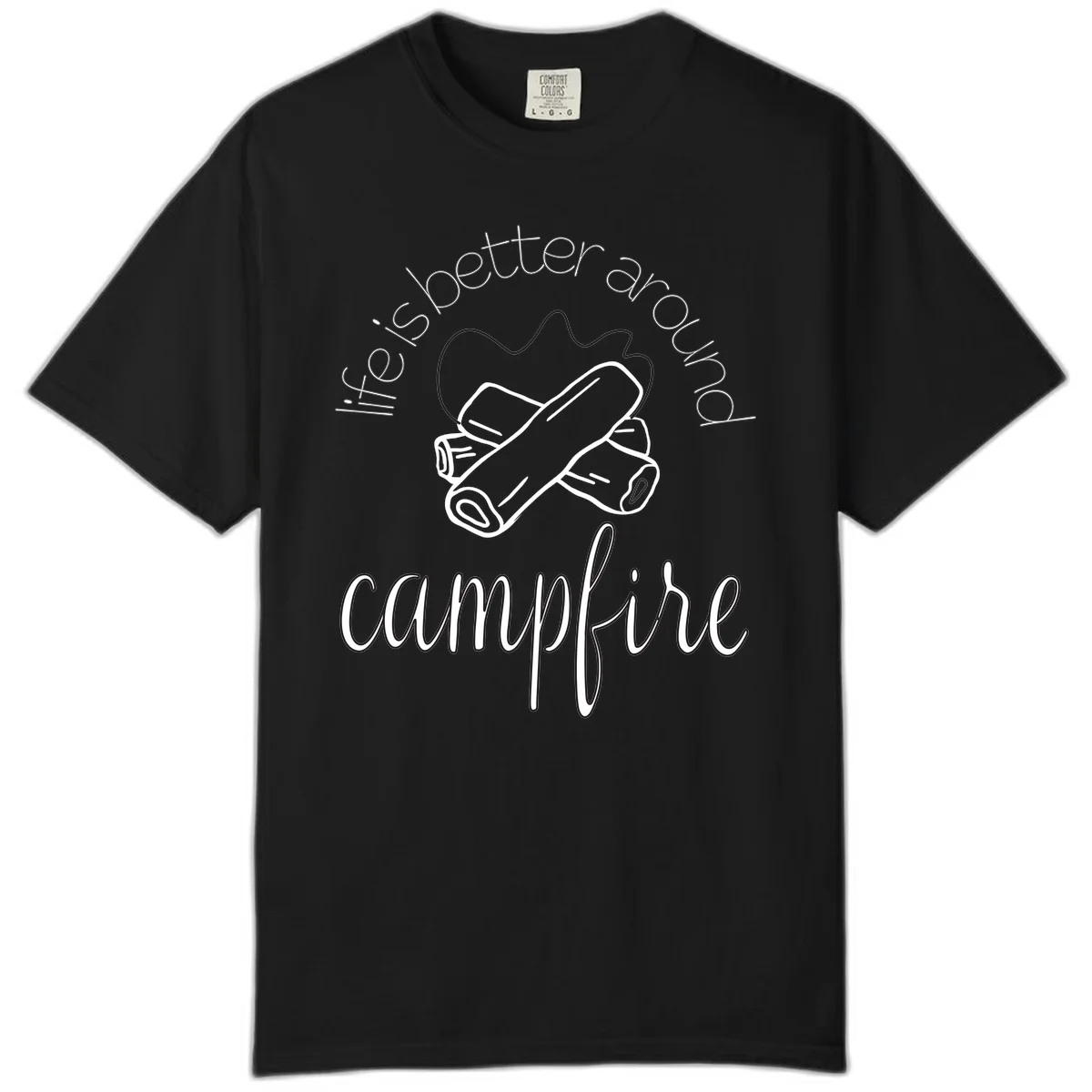Line art illustration of rolled sleeping bags over campfire logs with circular text reading 'is boetter dry campfire' - a camping pun design. in Black