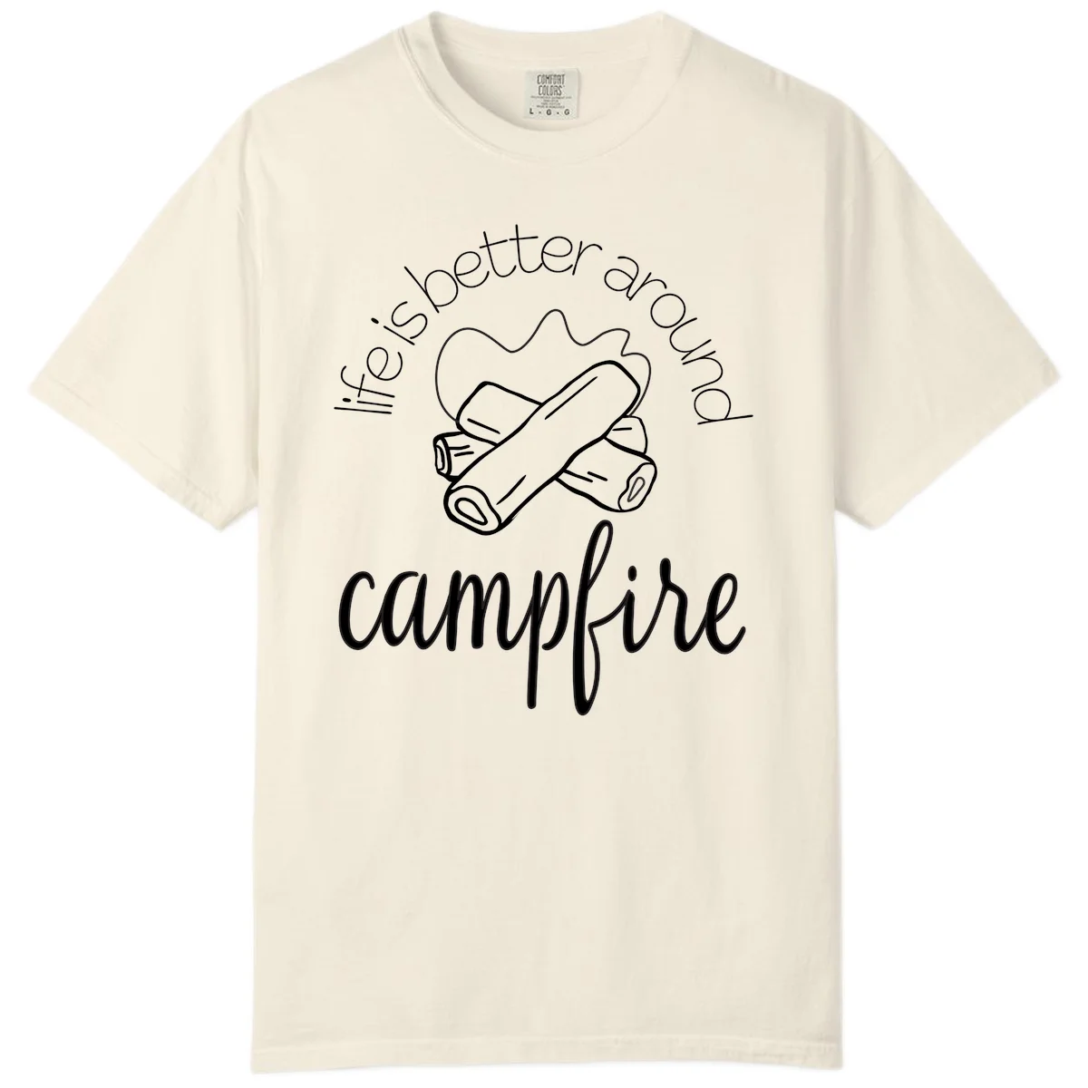 Line art illustration of rolled sleeping bags over campfire logs with circular text reading 'is boetter dry campfire' - a camping pun design. in Ivory