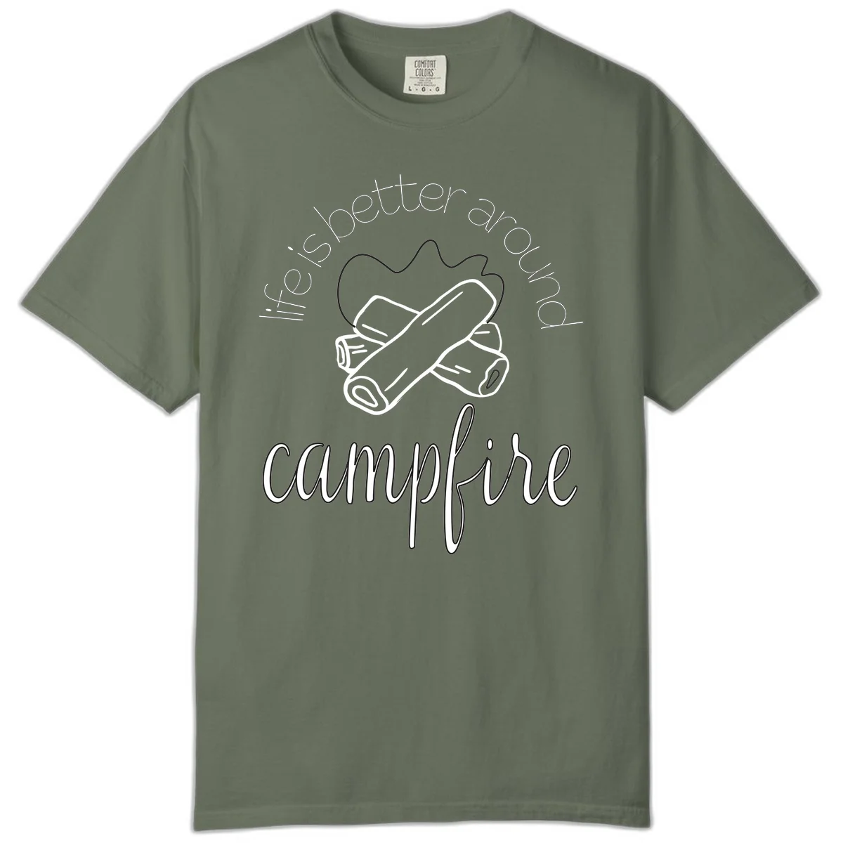 Line art illustration of rolled sleeping bags over campfire logs with circular text reading 'is boetter dry campfire' - a camping pun design. in Moss