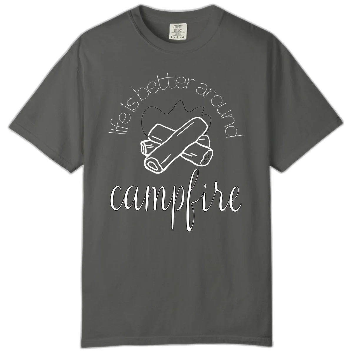 Line art illustration of rolled sleeping bags over campfire logs with circular text reading 'is boetter dry campfire' - a camping pun design. in Pepper