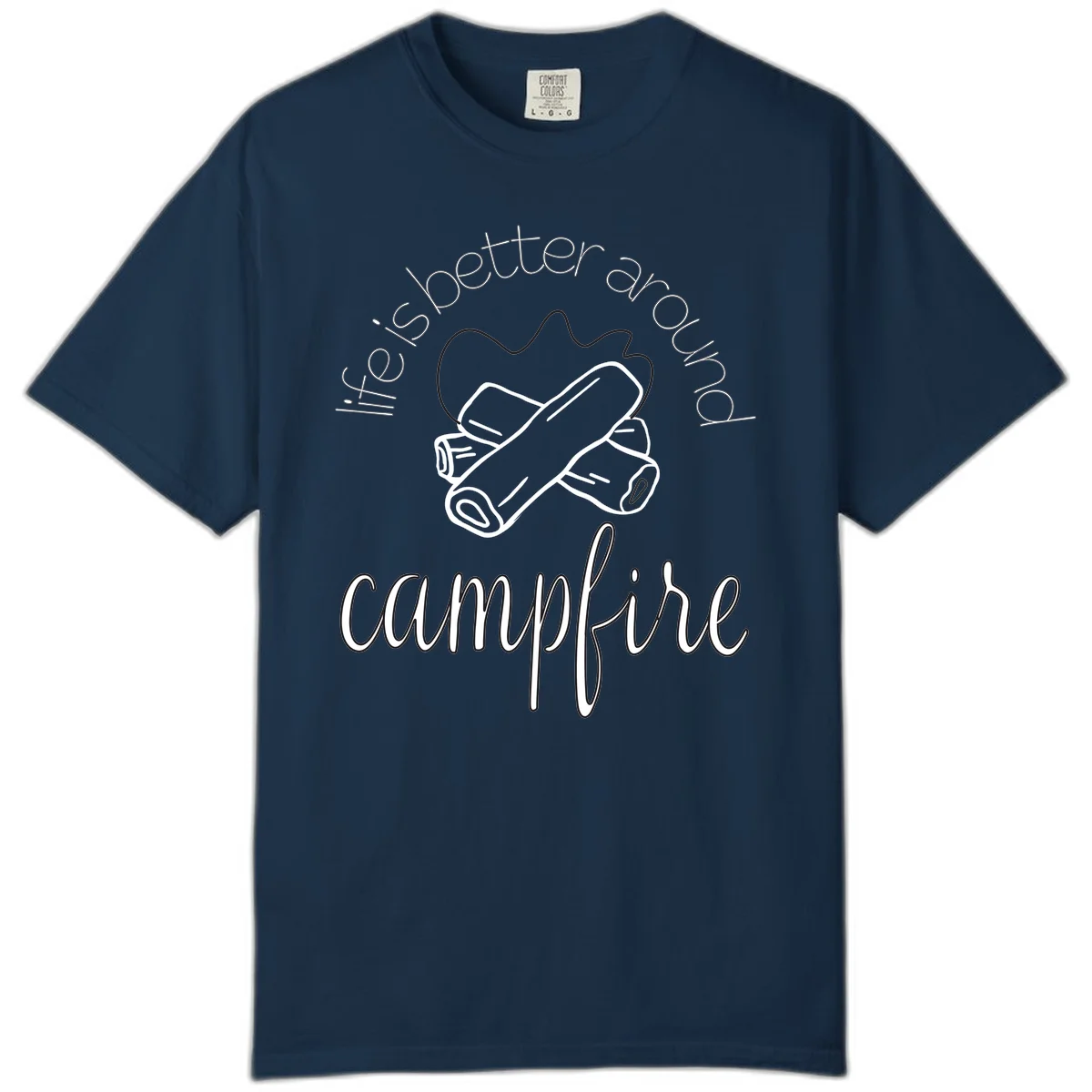 Line art illustration of rolled sleeping bags over campfire logs with circular text reading 'is boetter dry campfire' - a camping pun design. in True Navy