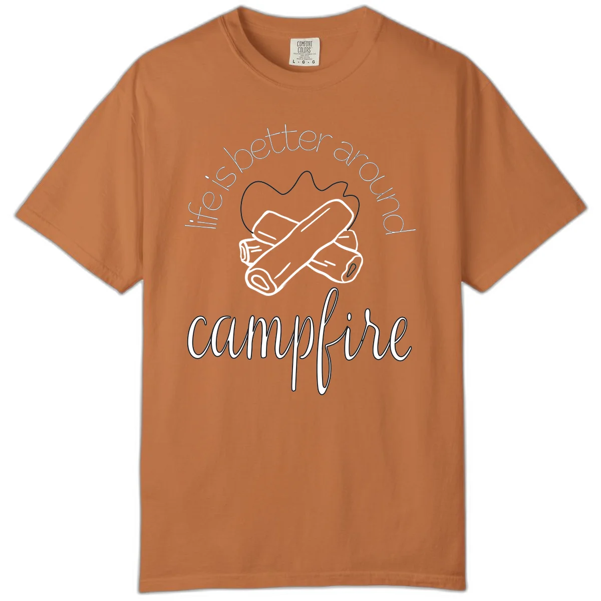 Line art illustration of rolled sleeping bags over campfire logs with circular text reading 'is boetter dry campfire' - a camping pun design. in Yam