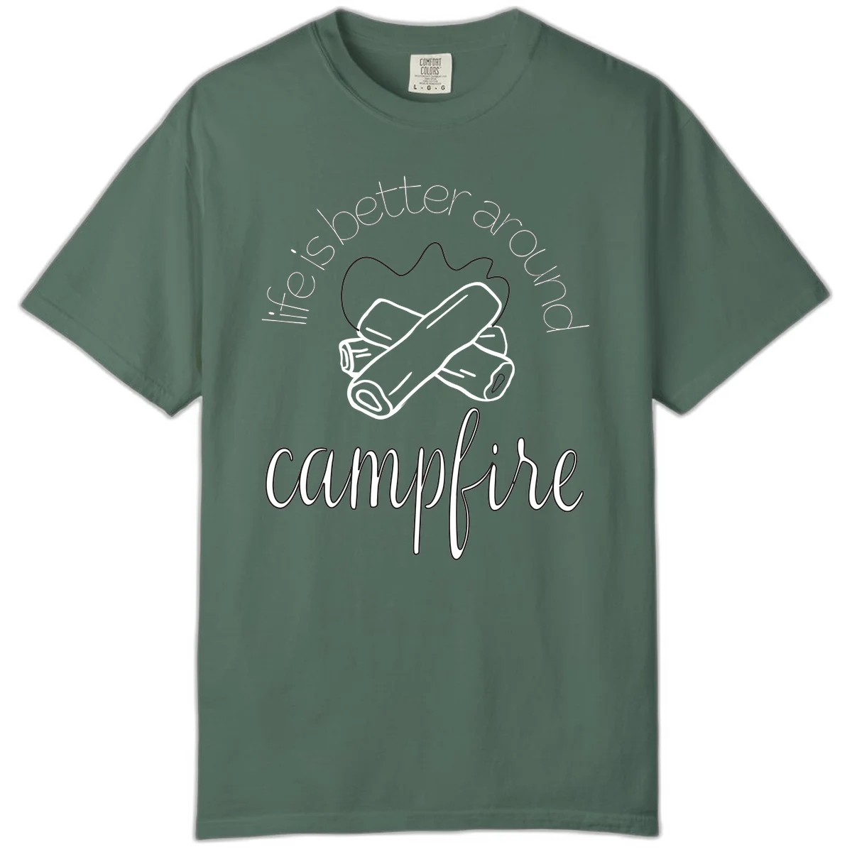 Line art illustration of rolled sleeping bags over campfire logs with circular text reading 'is boetter dry campfire' - a camping pun design. in Blue Spruce