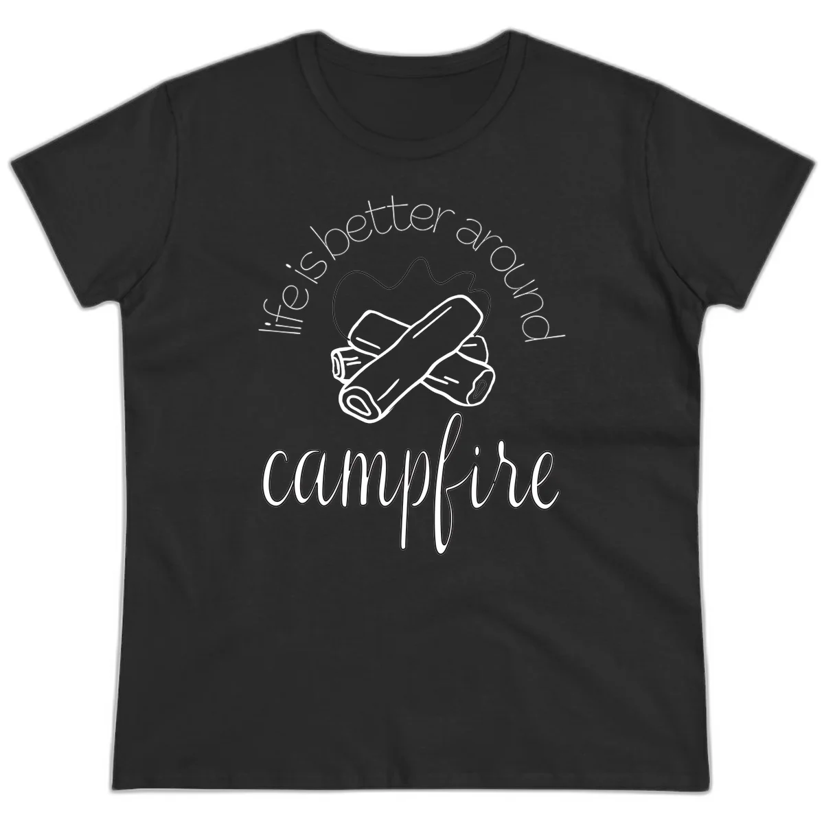 Line art illustration of rolled sleeping bags over campfire logs with circular text reading 'is boetter dry campfire' - a camping pun design. in Black