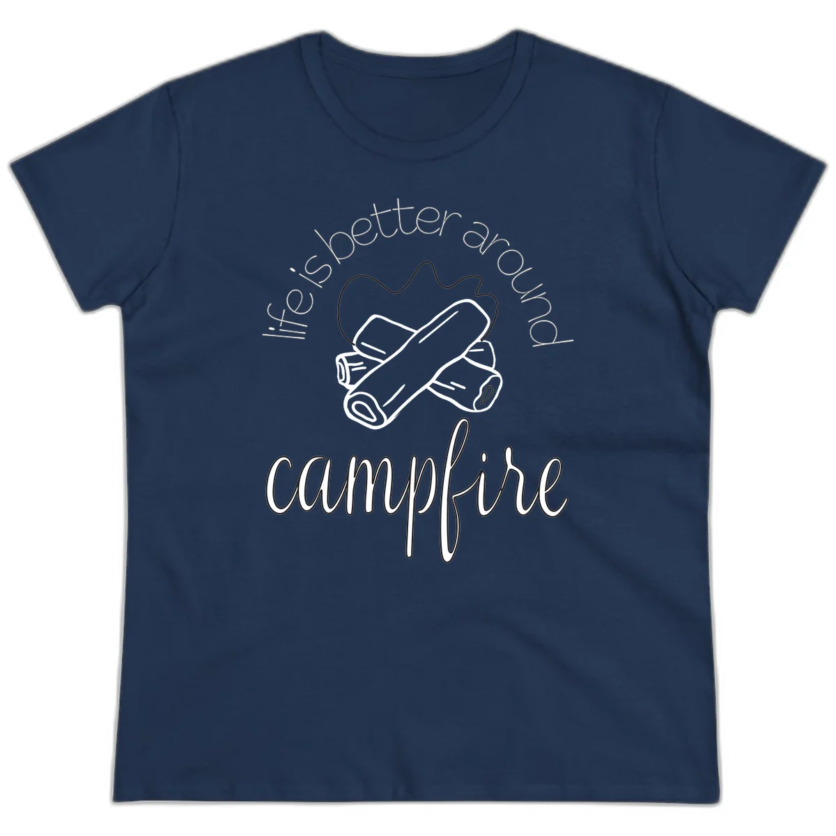 Line art illustration of rolled sleeping bags over campfire logs with circular text reading 'is boetter dry campfire' - a camping pun design. in Navy