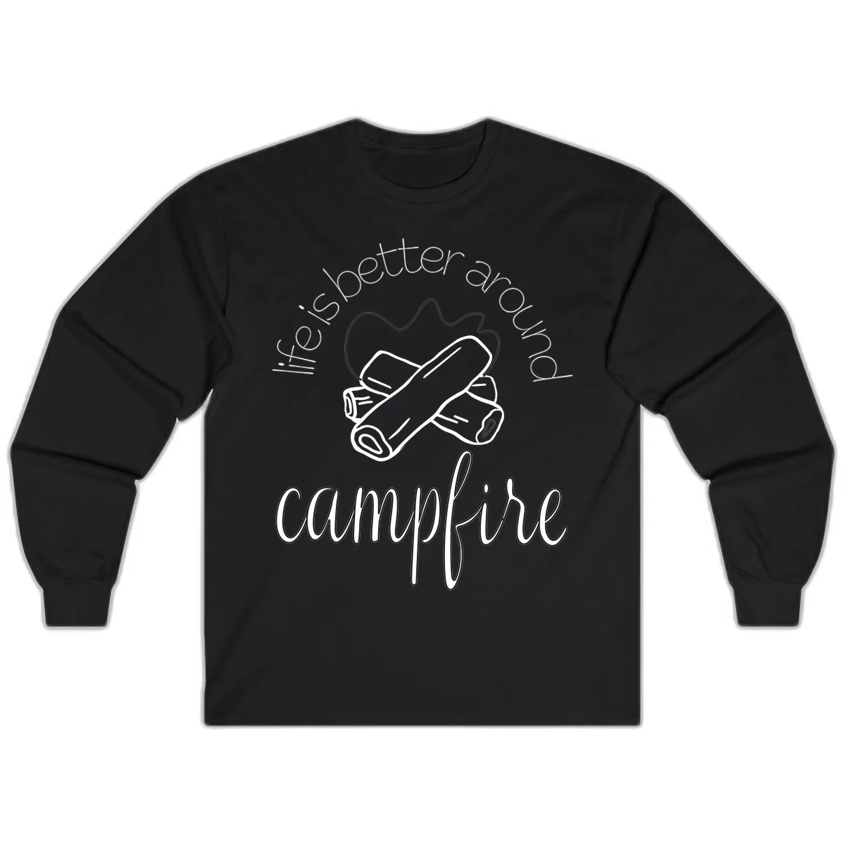Line art illustration of rolled sleeping bags over campfire logs with circular text reading 'is boetter dry campfire' - a camping pun design. in Black