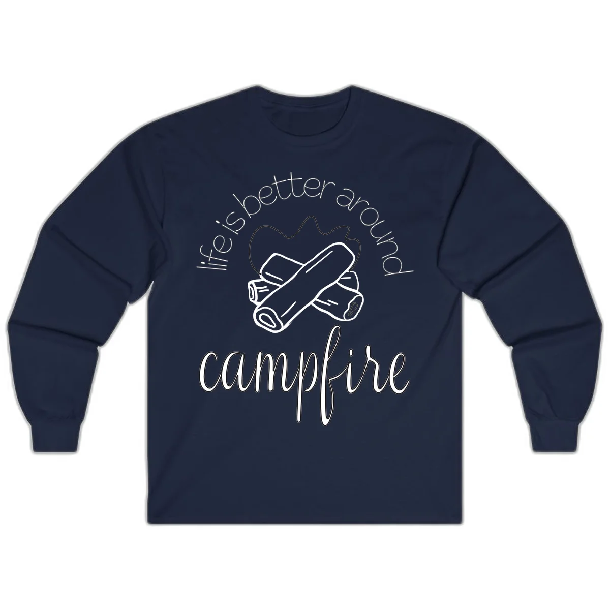 Line art illustration of rolled sleeping bags over campfire logs with circular text reading 'is boetter dry campfire' - a camping pun design. in Navy