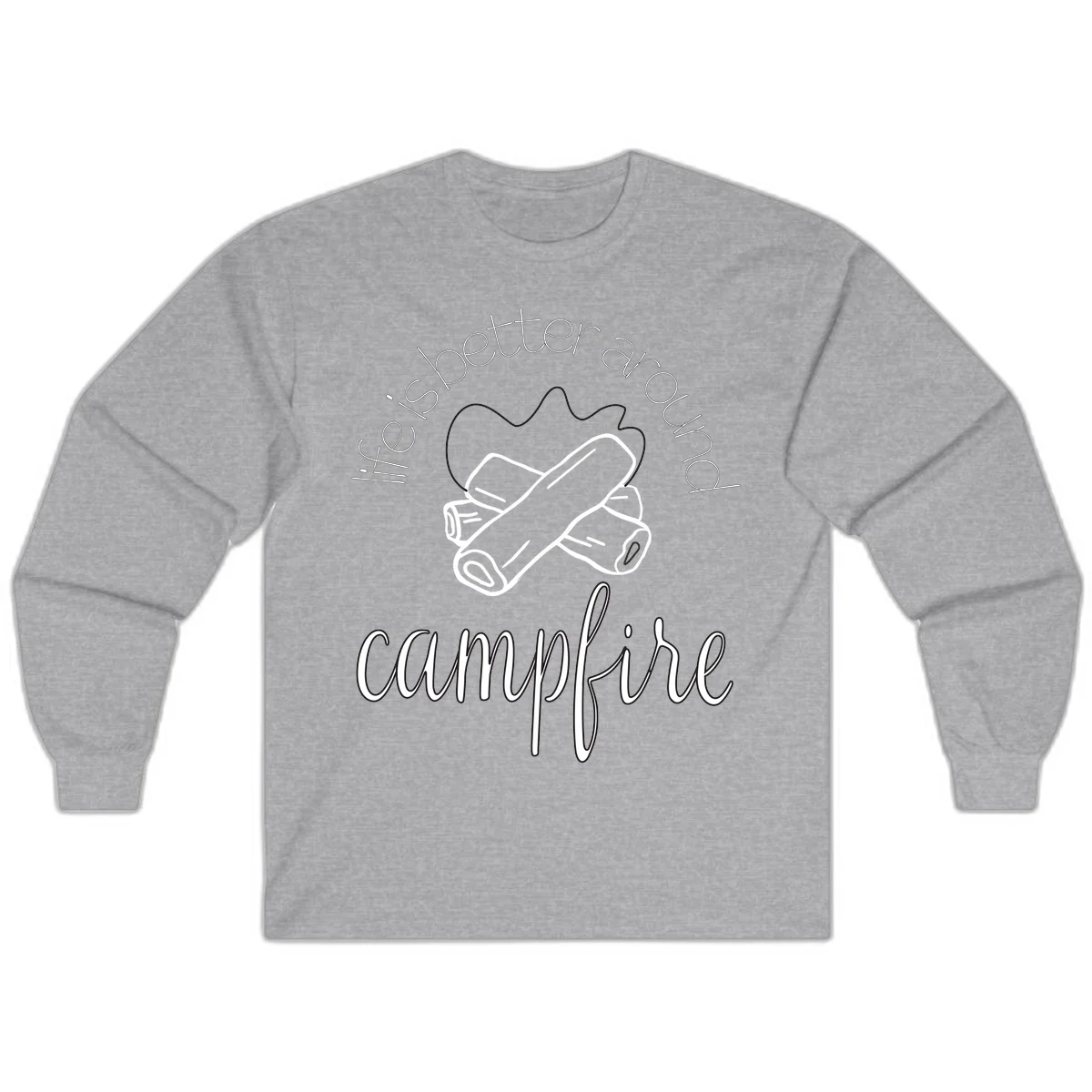 Line art illustration of rolled sleeping bags over campfire logs with circular text reading 'is boetter dry campfire' - a camping pun design. in Sport Grey