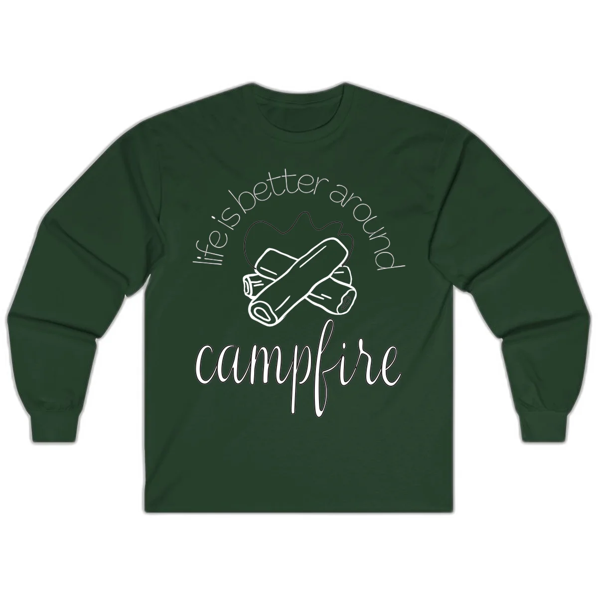 Line art illustration of rolled sleeping bags over campfire logs with circular text reading 'is boetter dry campfire' - a camping pun design. in Forest Green