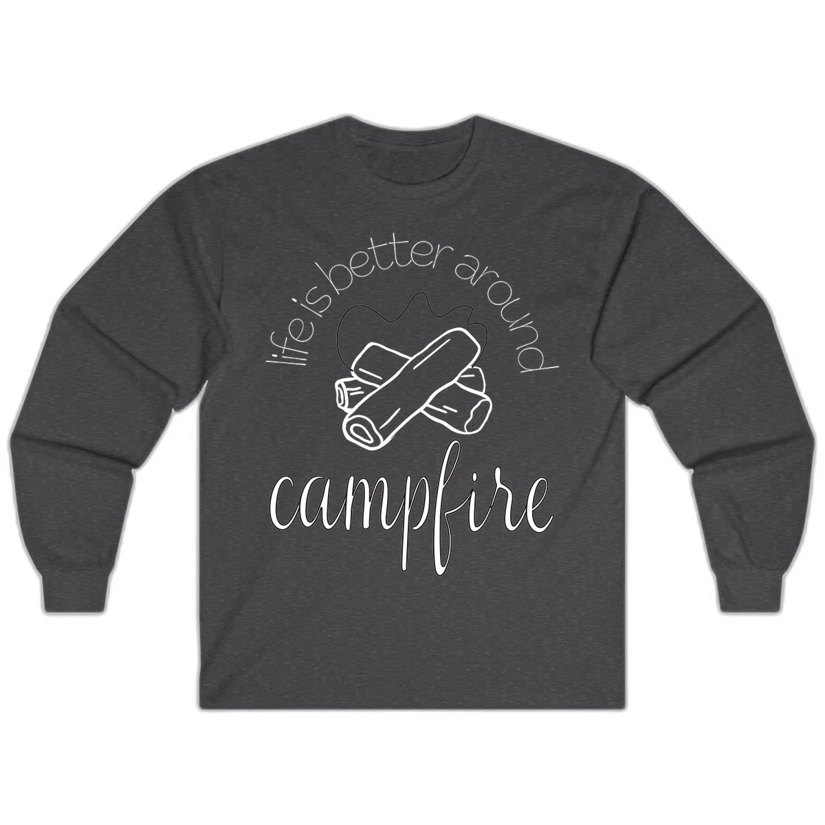 Line art illustration of rolled sleeping bags over campfire logs with circular text reading 'is boetter dry campfire' - a camping pun design. in Dark Heather