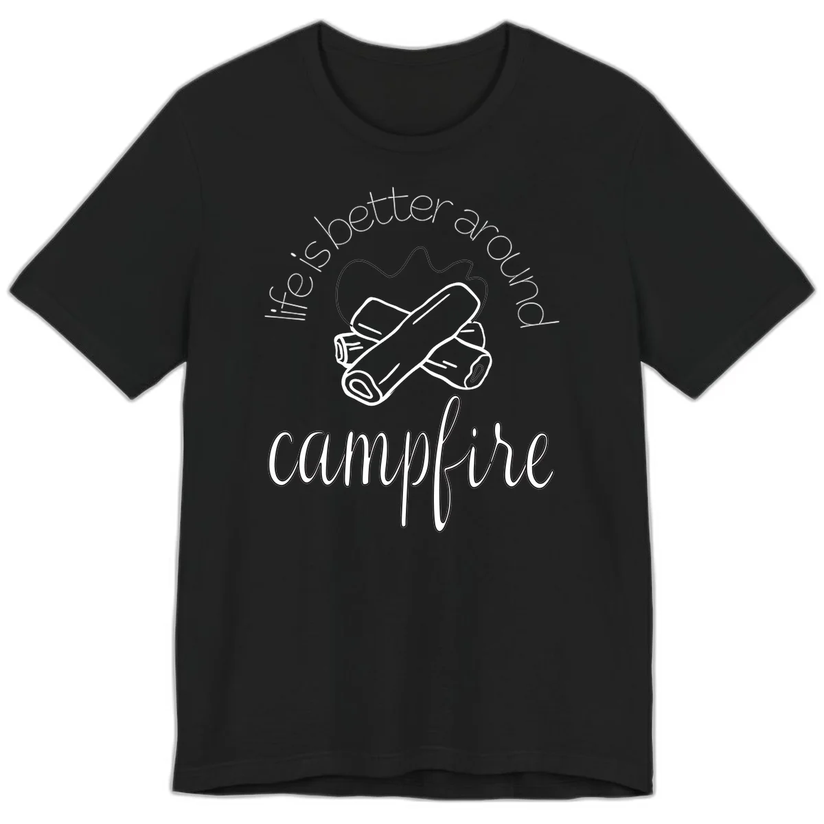 Line art illustration of rolled sleeping bags over campfire logs with circular text reading 'is boetter dry campfire' - a camping pun design. in Black