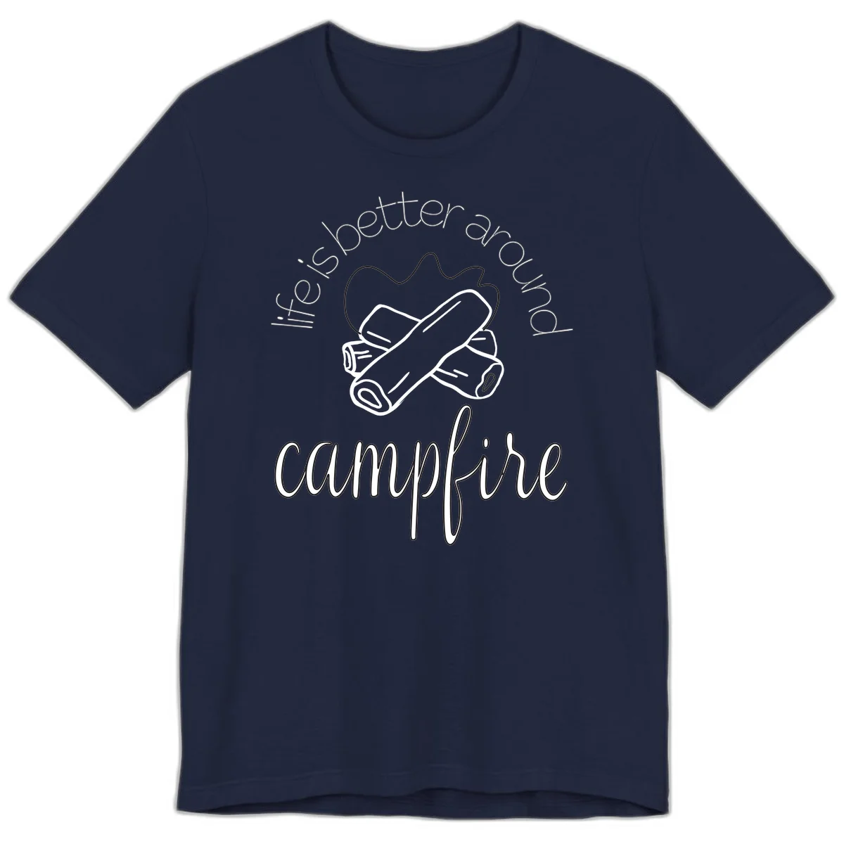 Line art illustration of rolled sleeping bags over campfire logs with circular text reading 'is boetter dry campfire' - a camping pun design. in Navy
