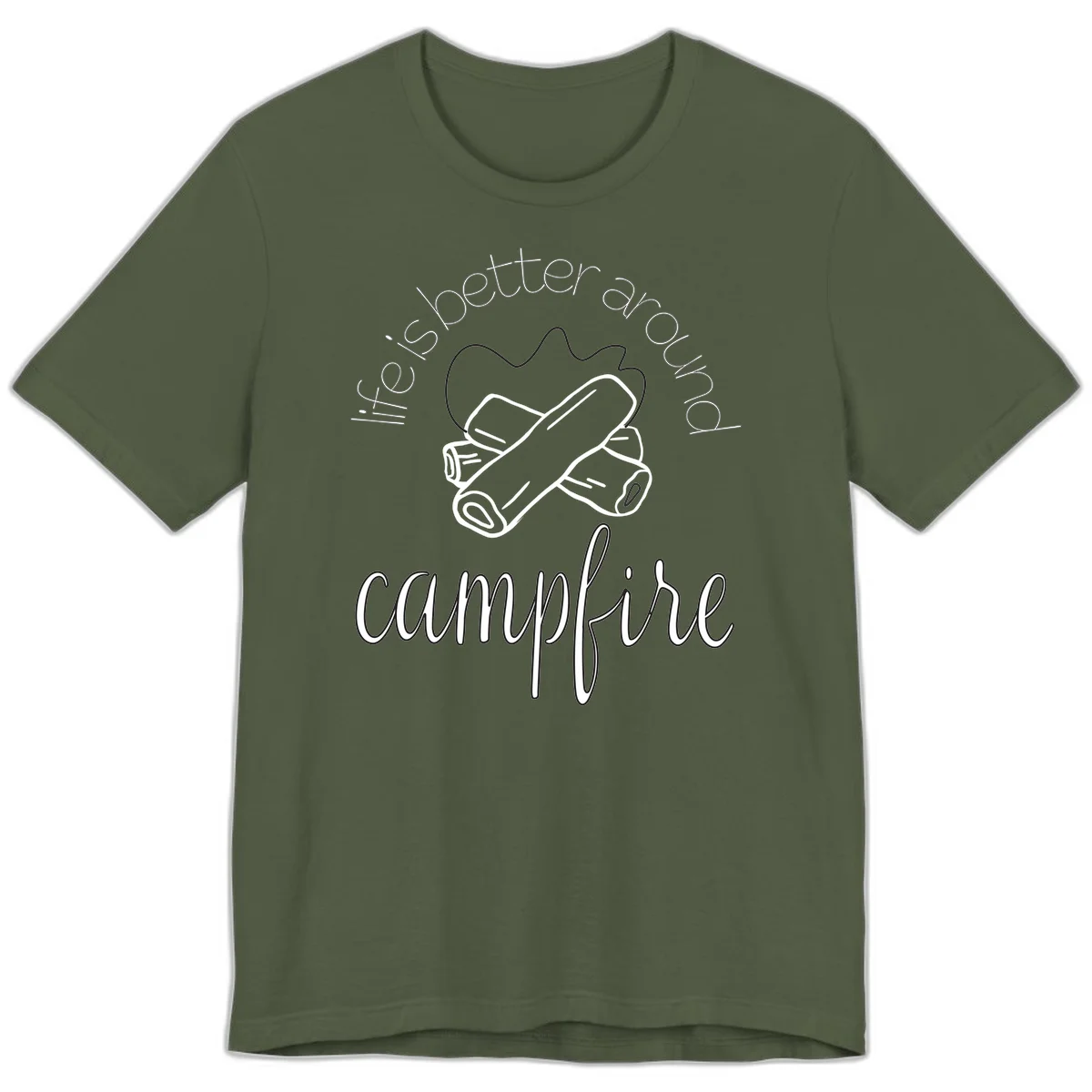 Line art illustration of rolled sleeping bags over campfire logs with circular text reading 'is boetter dry campfire' - a camping pun design. in Military Green