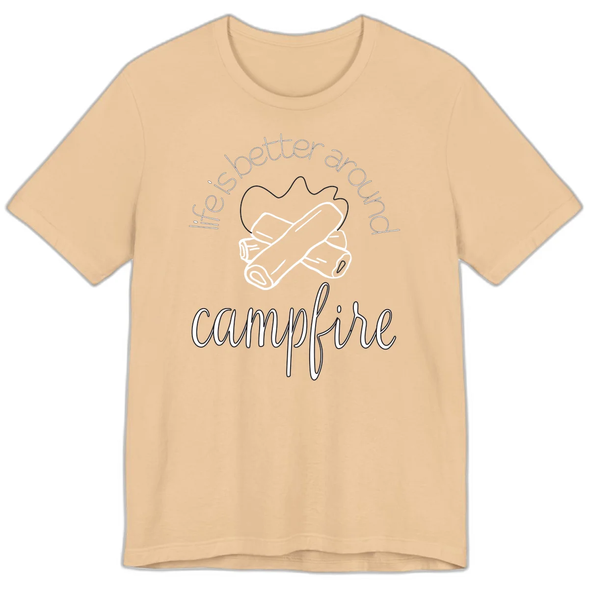 Line art illustration of rolled sleeping bags over campfire logs with circular text reading 'is boetter dry campfire' - a camping pun design. in Sand Dune