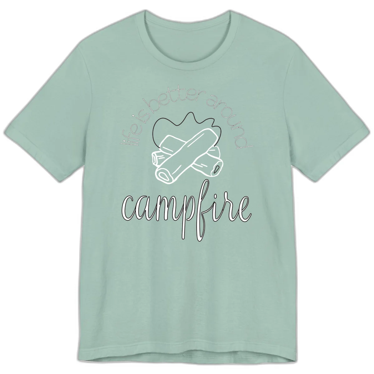 Line art illustration of rolled sleeping bags over campfire logs with circular text reading 'is boetter dry campfire' - a camping pun design. in Dusty Blue