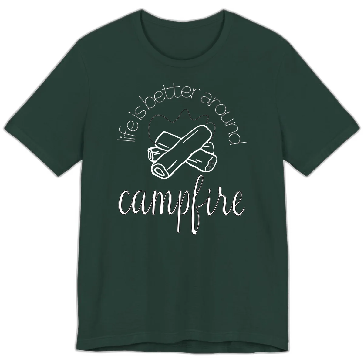 Line art illustration of rolled sleeping bags over campfire logs with circular text reading 'is boetter dry campfire' - a camping pun design. in Forest