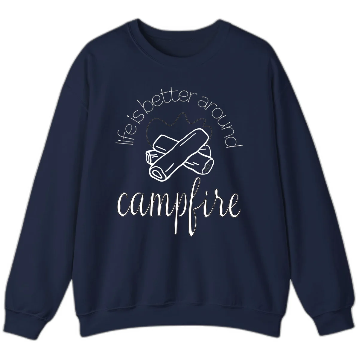 Line art illustration of rolled sleeping bags over campfire logs with circular text reading 'is boetter dry campfire' - a camping pun design. in Navy