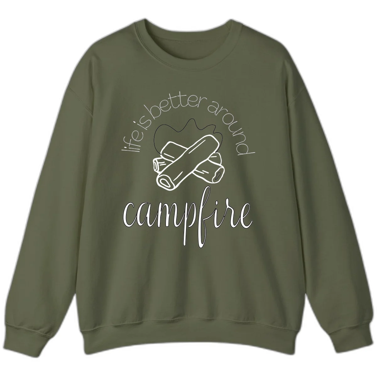 Line art illustration of rolled sleeping bags over campfire logs with circular text reading 'is boetter dry campfire' - a camping pun design. in Military Green