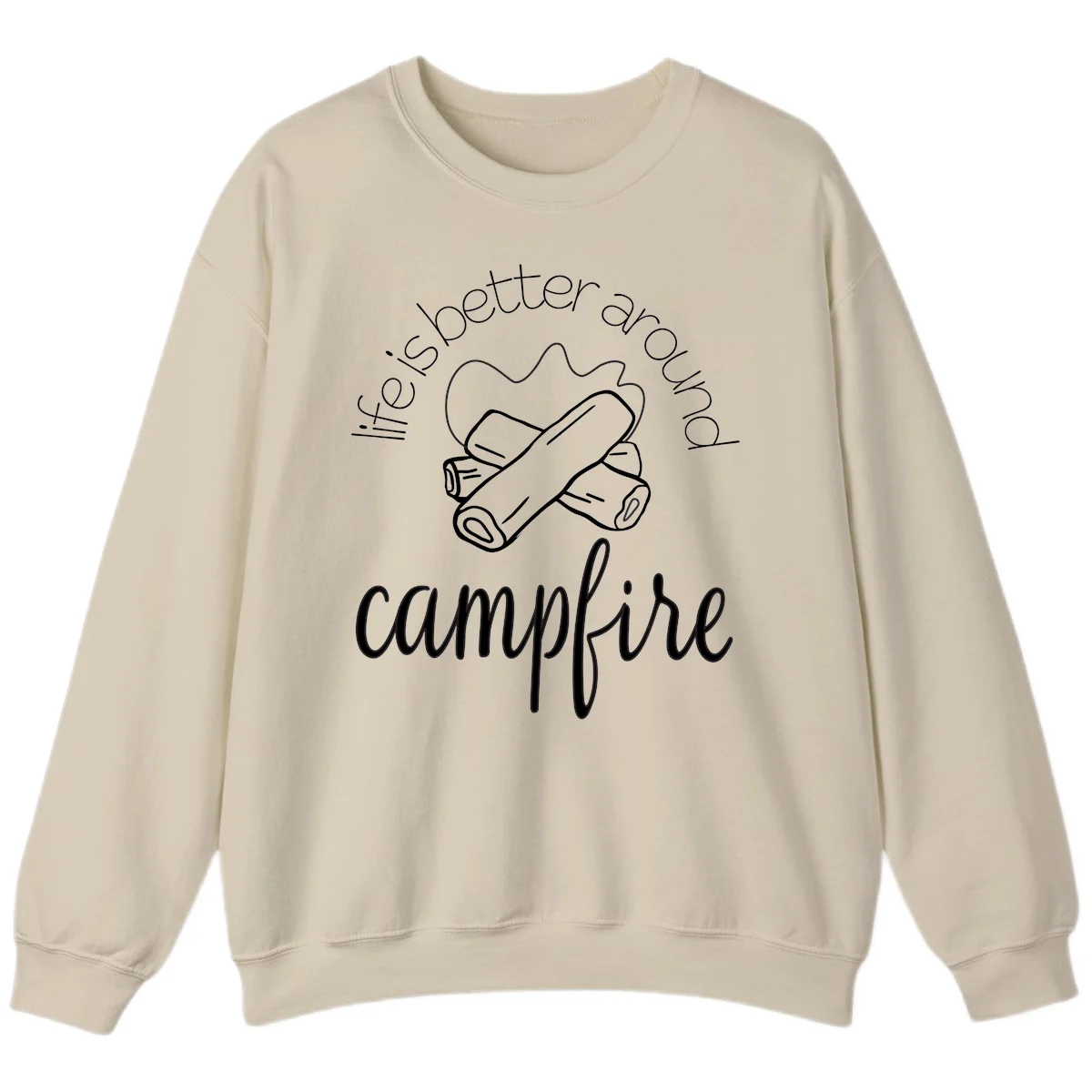 Line art illustration of rolled sleeping bags over campfire logs with circular text reading 'is boetter dry campfire' - a camping pun design. in Sand