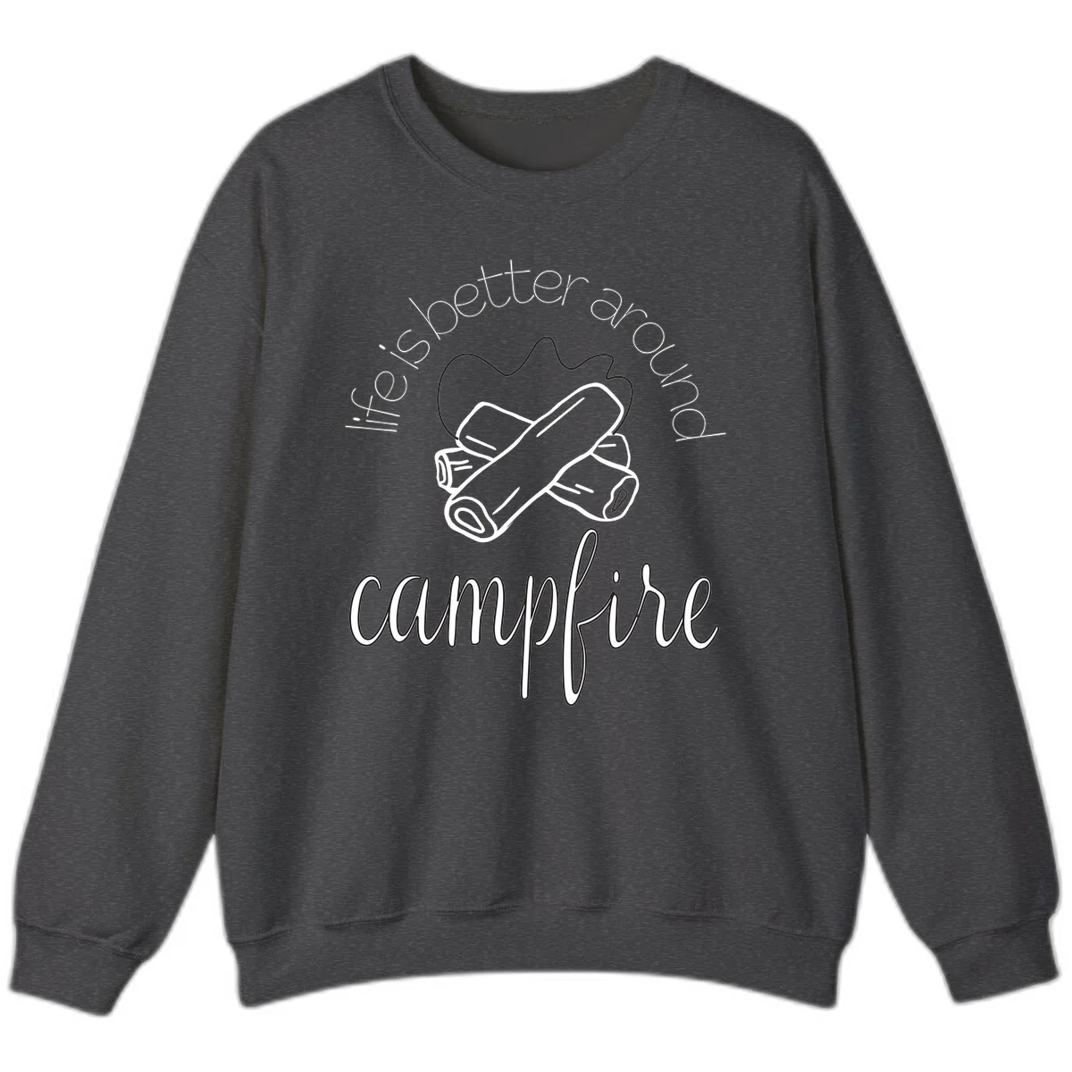 Line art illustration of rolled sleeping bags over campfire logs with circular text reading 'is boetter dry campfire' - a camping pun design. in Dark Heather