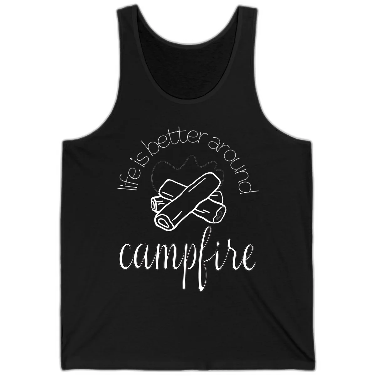 Line art illustration of rolled sleeping bags over campfire logs with circular text reading 'is boetter dry campfire' - a camping pun design. in Black