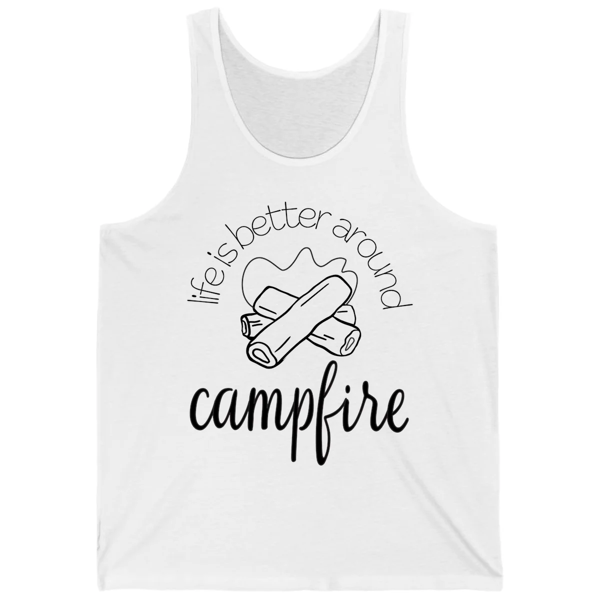Line art illustration of rolled sleeping bags over campfire logs with circular text reading 'is boetter dry campfire' - a camping pun design. in White