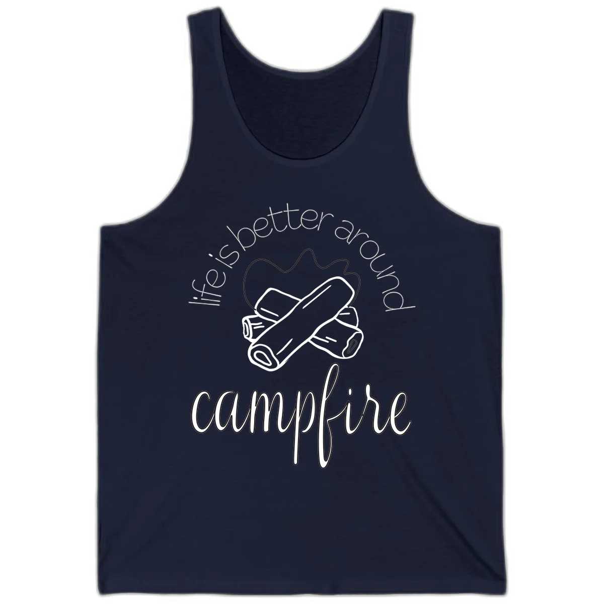 Line art illustration of rolled sleeping bags over campfire logs with circular text reading 'is boetter dry campfire' - a camping pun design. in Navy