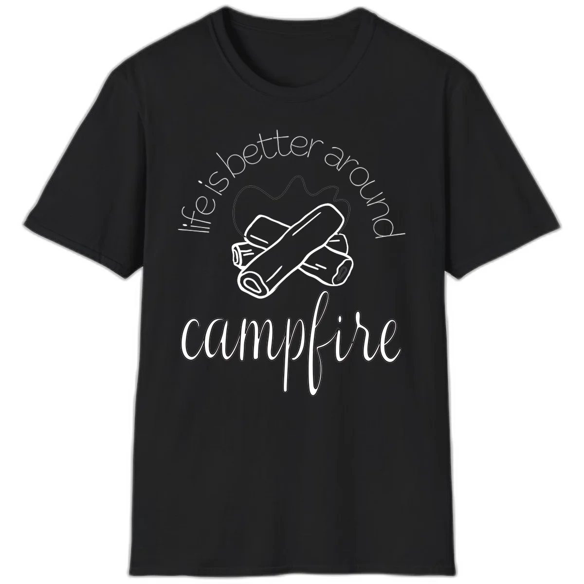 Line art illustration of rolled sleeping bags over campfire logs with circular text reading 'is boetter dry campfire' - a camping pun design. in Black