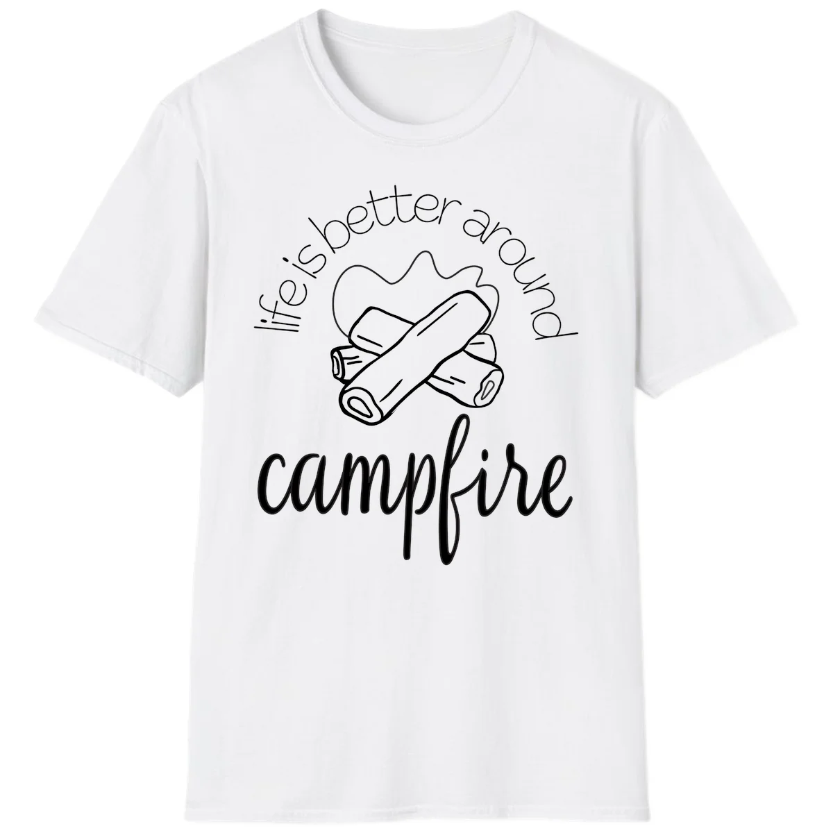 Line art illustration of rolled sleeping bags over campfire logs with circular text reading 'is boetter dry campfire' - a camping pun design. in White