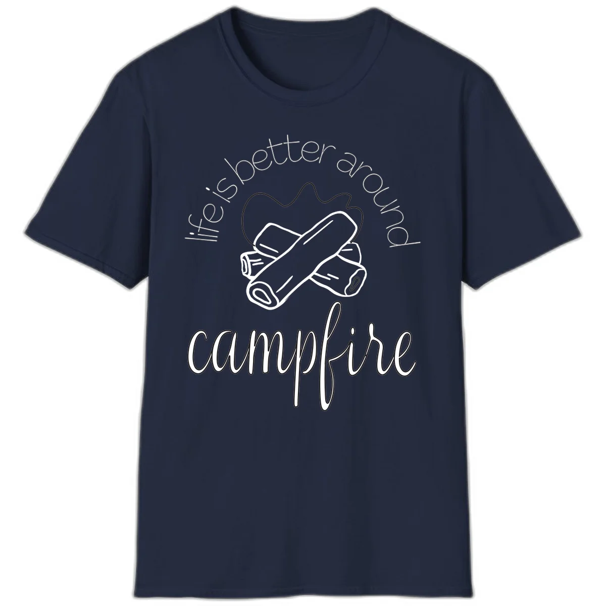 Line art illustration of rolled sleeping bags over campfire logs with circular text reading 'is boetter dry campfire' - a camping pun design. in Navy